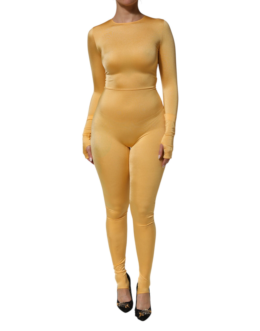 Dolce & Gabbana Goldgelbes Stretch-Bodysuit-Kleid mit langen Ärmeln