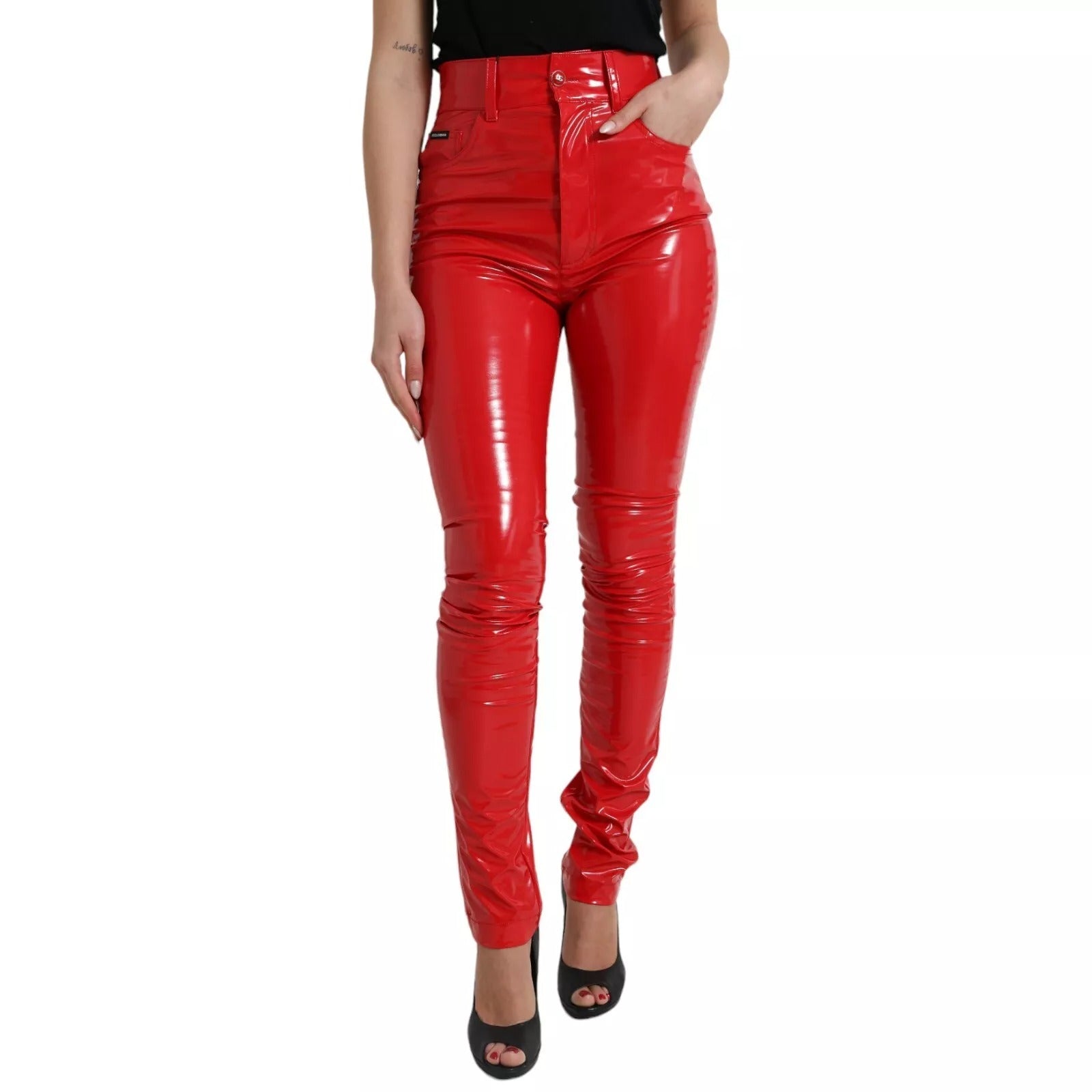 Dolce & Gabbana Rote High Waist Skinny Hose Shiny Pants