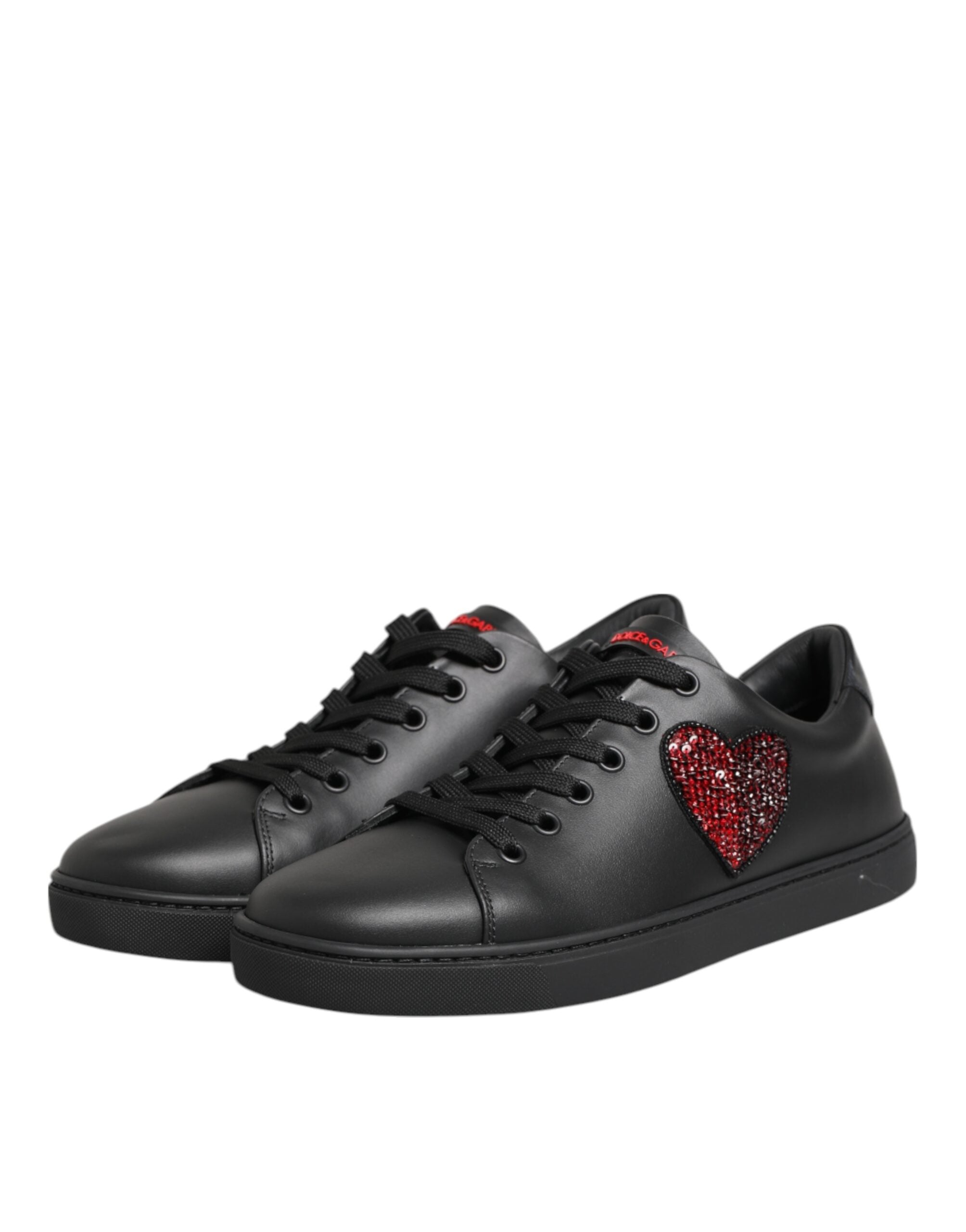 Dolce & Gabbana Schwarz Leder Crystal Heart Low Top Sneakers Schuhe