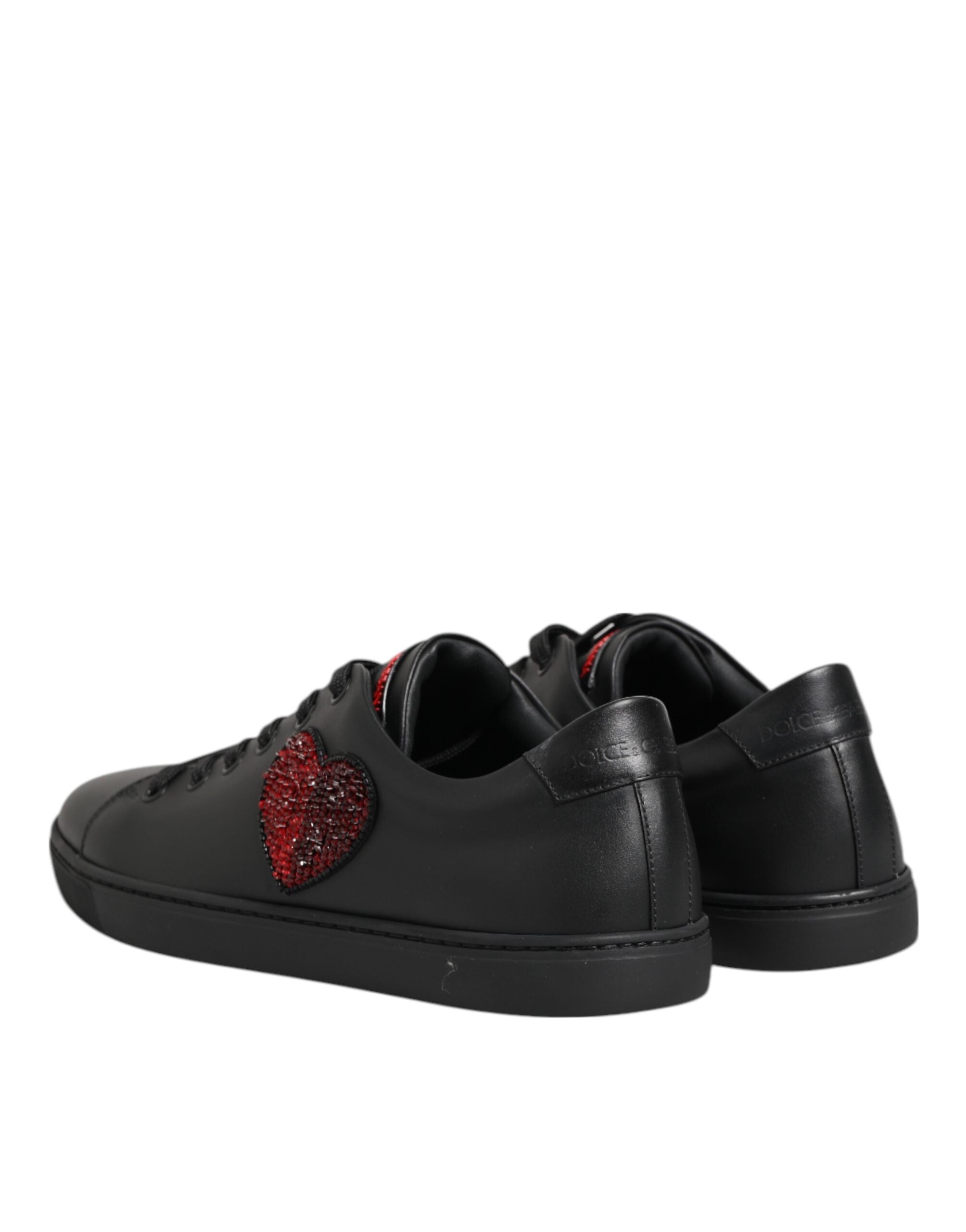 Dolce & Gabbana Schwarz Leder Crystal Heart Low Top Sneakers Schuhe