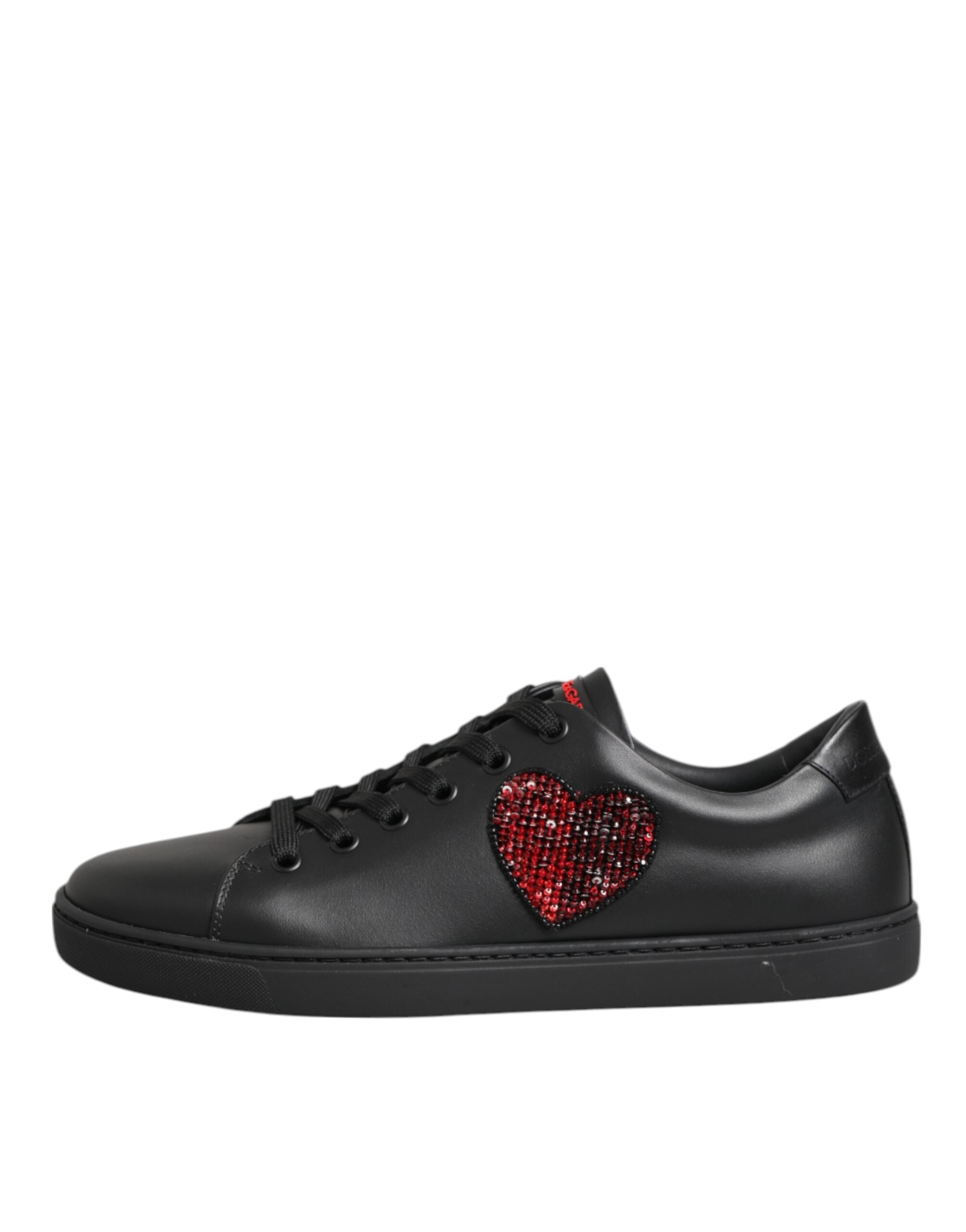 Dolce & Gabbana Schwarz Leder Crystal Heart Low Top Sneakers Schuhe