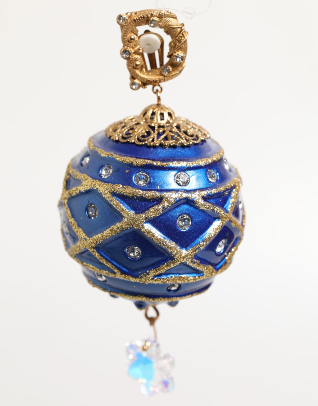 Dolce & Gabbana Gold Messing Blau Weihnachten Kugel Kristall Tropfen Clip auf Ohrringe