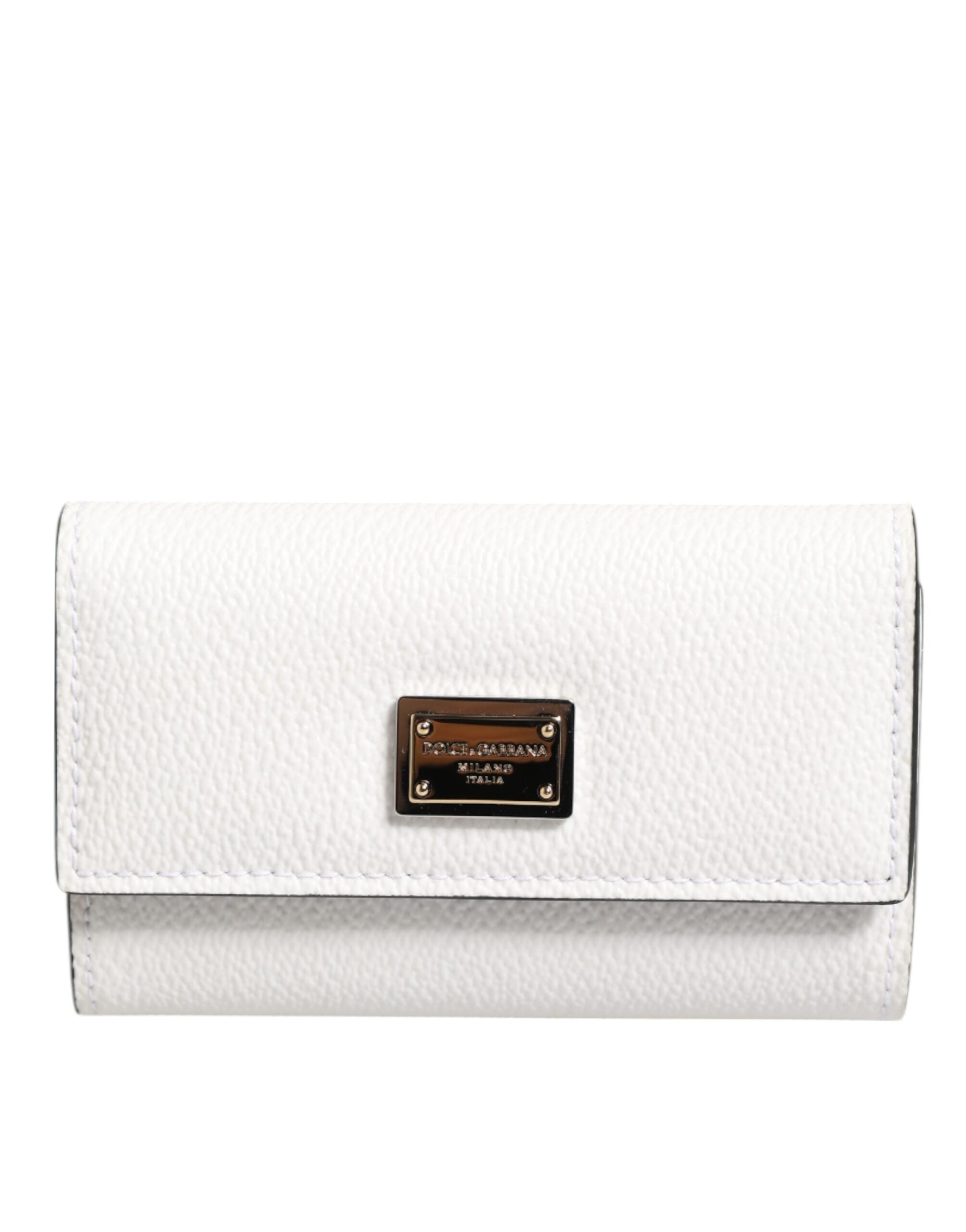 Dolce & Gabbana Weißes Leder Kartenetui Brieftasche Gold Logo Platte Schlüsselanhänger