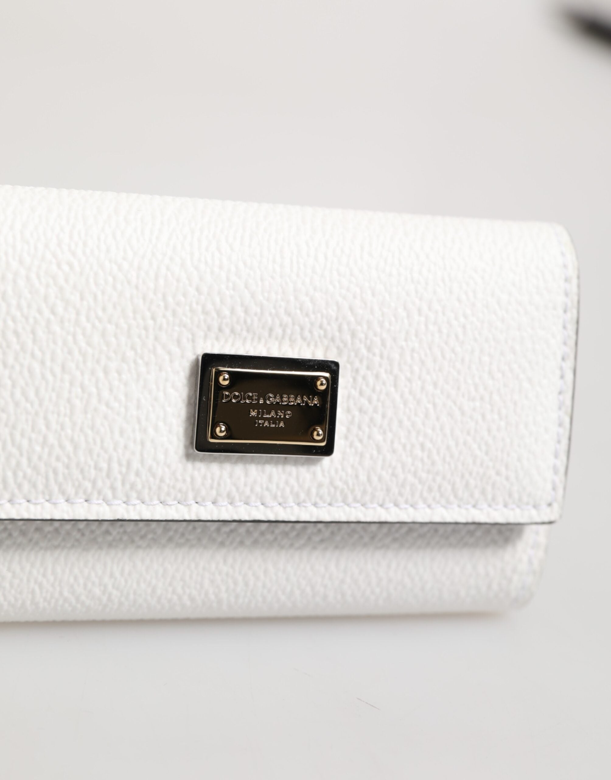 Dolce & Gabbana Weißes Leder Kartenetui Brieftasche Gold Logo Platte Schlüsselanhänger