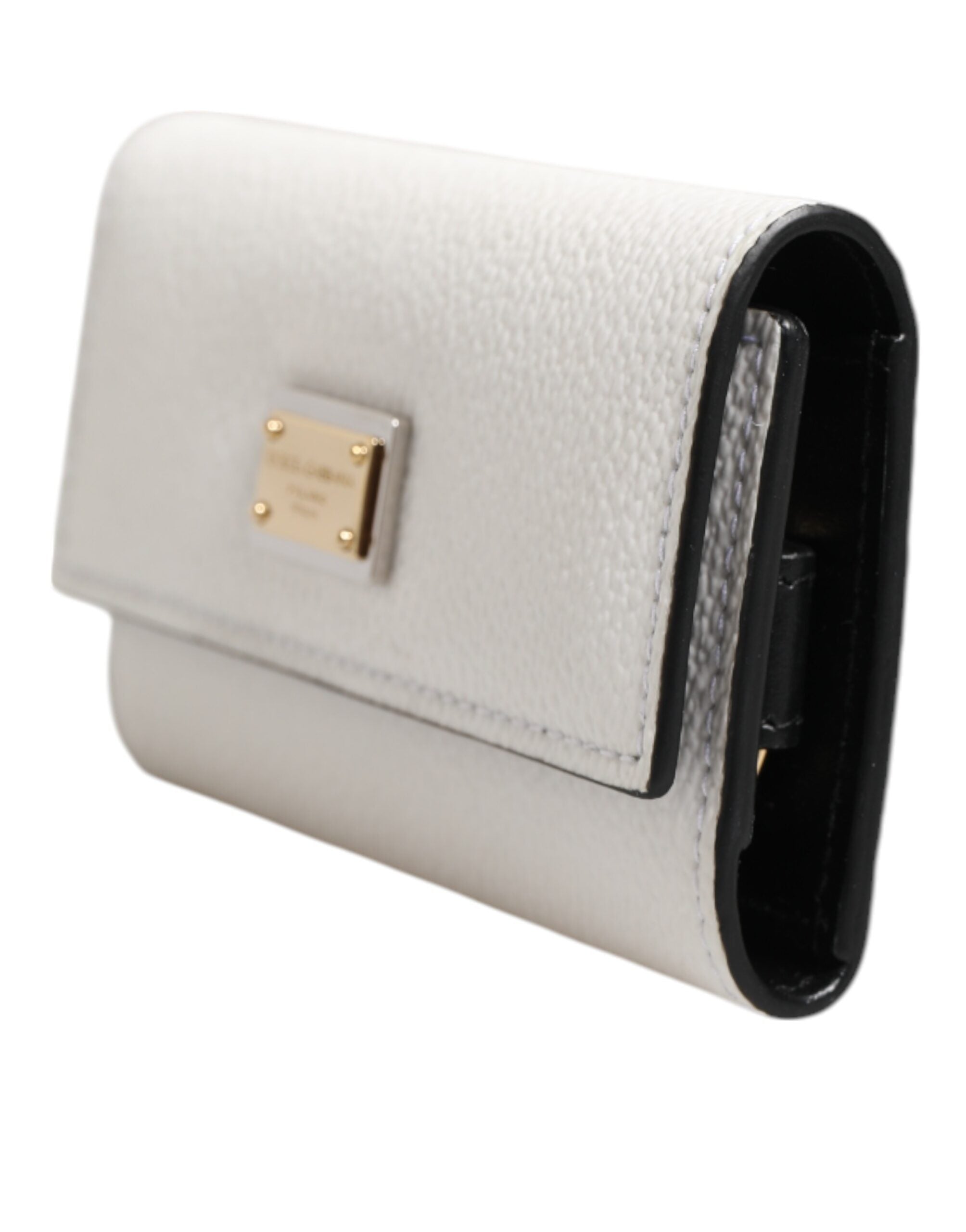 Dolce & Gabbana Weißes Leder Kartenetui Brieftasche Gold Logo Platte Schlüsselanhänger