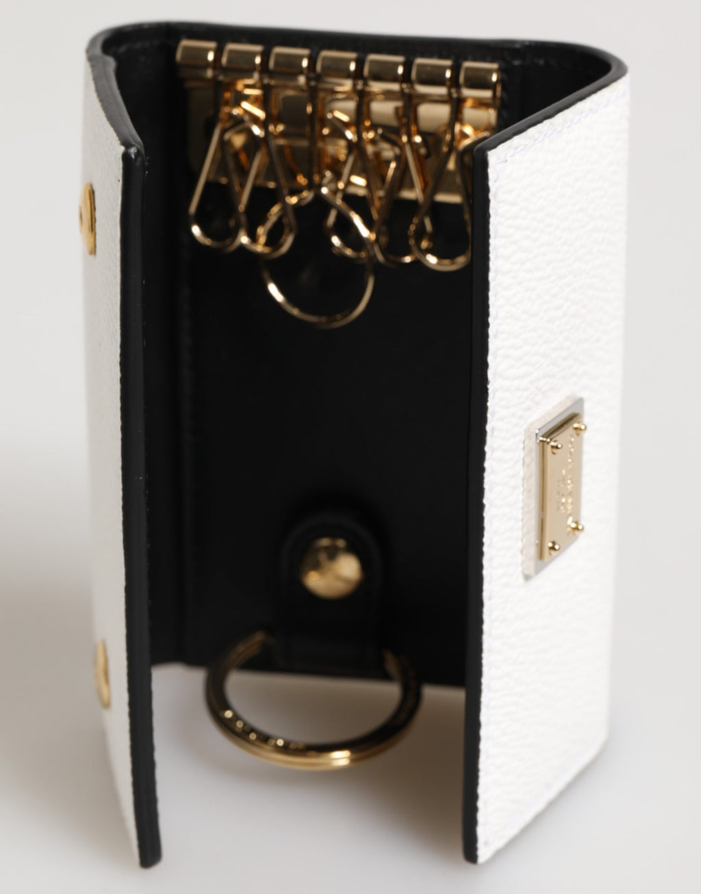 Dolce & Gabbana Weißes Leder Kartenetui Brieftasche Gold Logo Platte Schlüsselanhänger