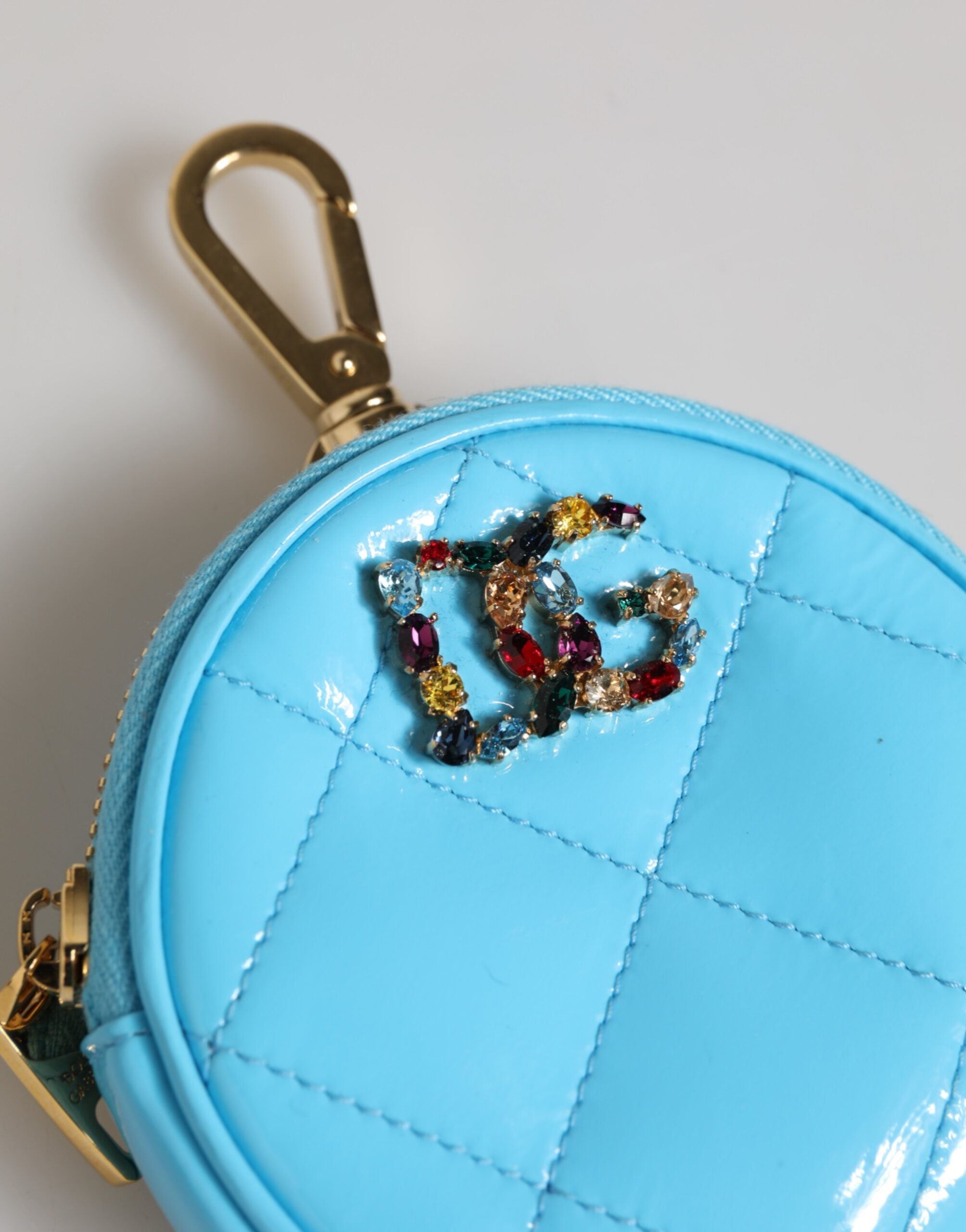 Dolce & Gabbana Azurblaue Leder Runde Münze Geldbörse Schlüsselanhänger Crystal Logo Brieftasche