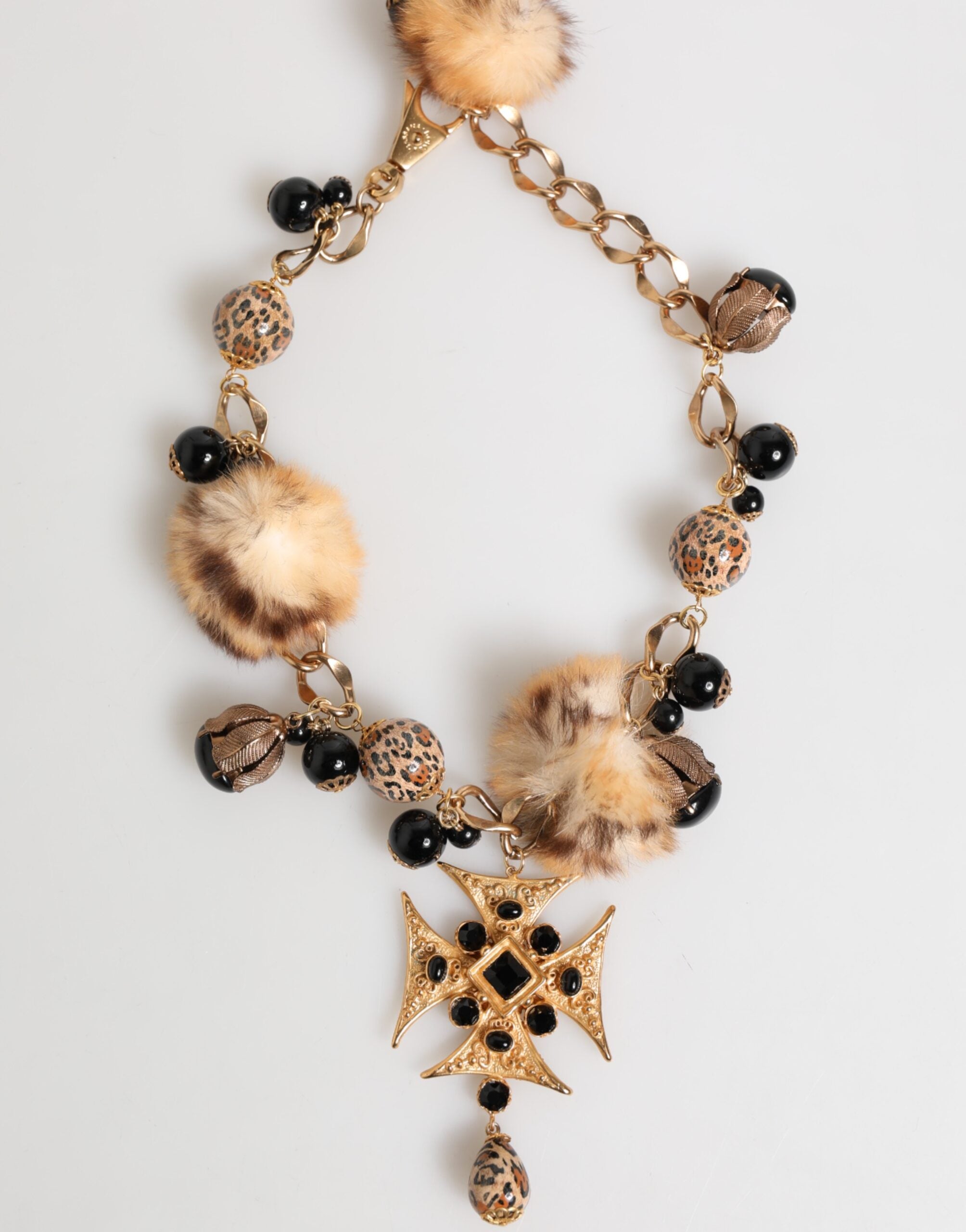 Dolce & Gabbana Gold Schwarz Kristalle Lapin Pelz Filigran Choker Halskette
