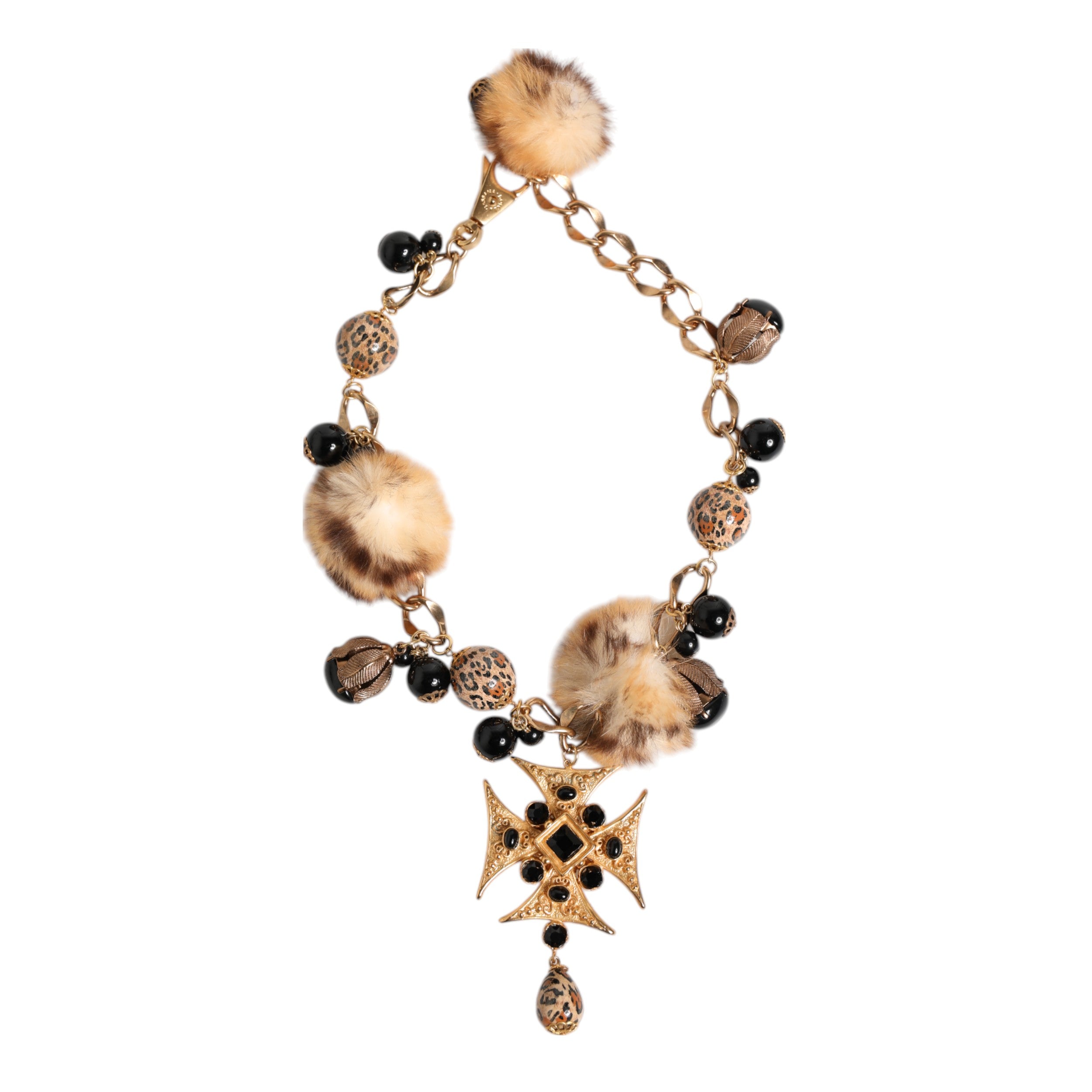 Dolce & Gabbana Gold Schwarz Kristalle Lapin Pelz Filigran Choker Halskette