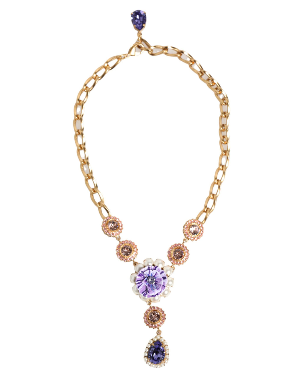 Dolce & Gabbana Gold Messing Kristall Perle Lila Floral Anhänger Schmuck Halskette