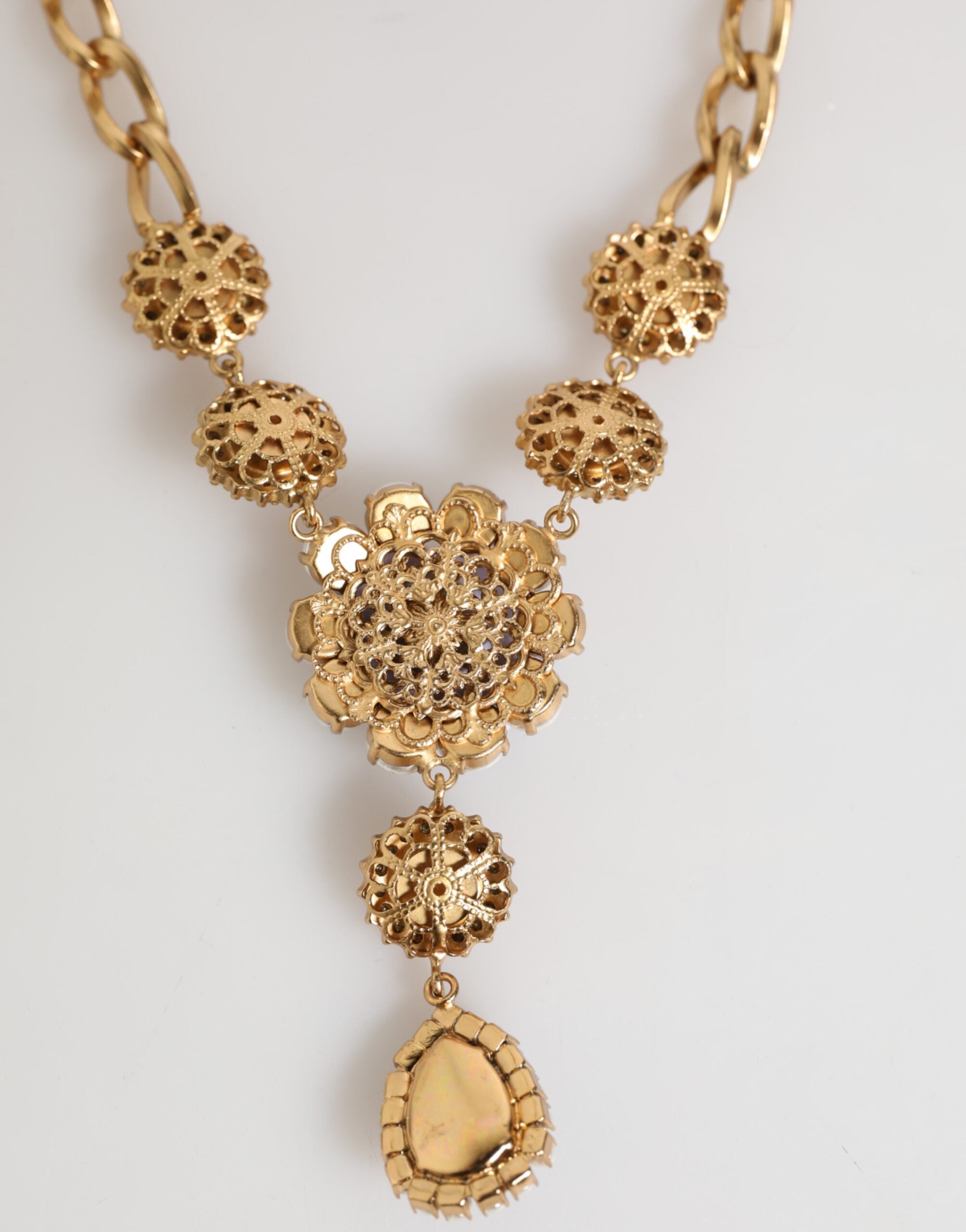 Dolce & Gabbana Gold Messing Kristall Perle Lila Floral Anhänger Schmuck Halskette