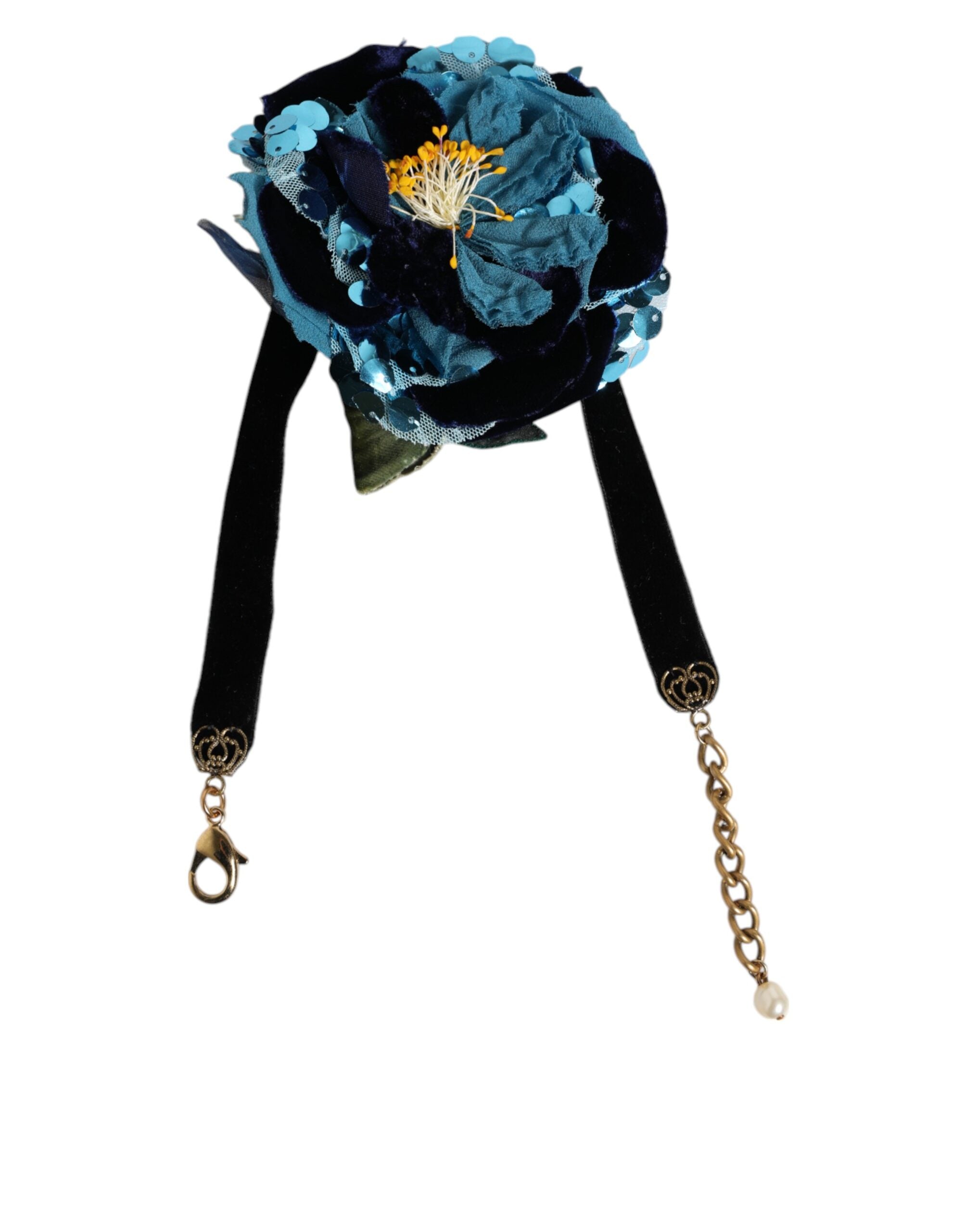 Dolce & Gabbana Blaue Blumenapplikation Samt Choker Kristallperlen Halskette