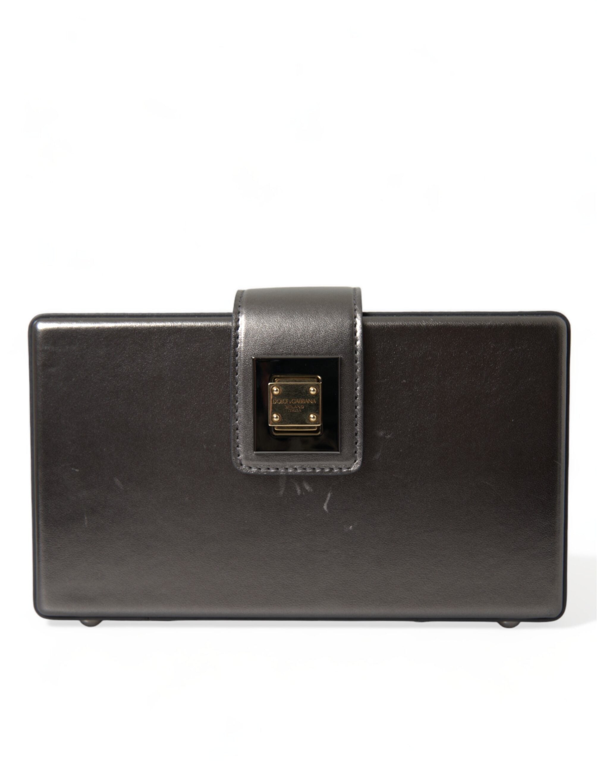Dolce & Gabbana Steel Gray Leder Box Shape Schulter Gold DG Logo Plaque Tasche