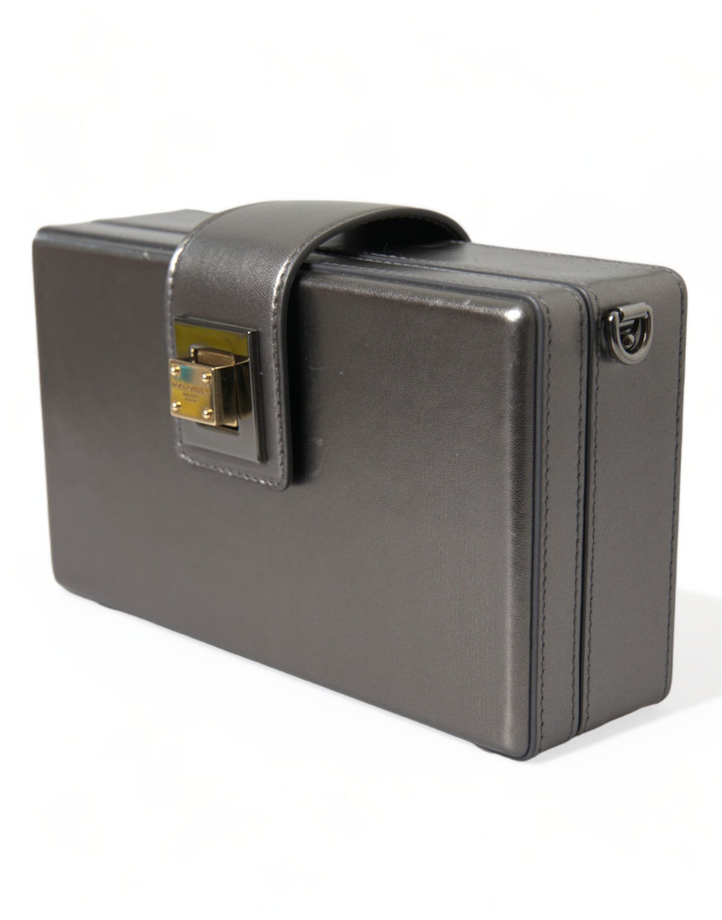 Dolce & Gabbana Steel Gray Leder Box Shape Schulter Gold DG Logo Plaque Tasche