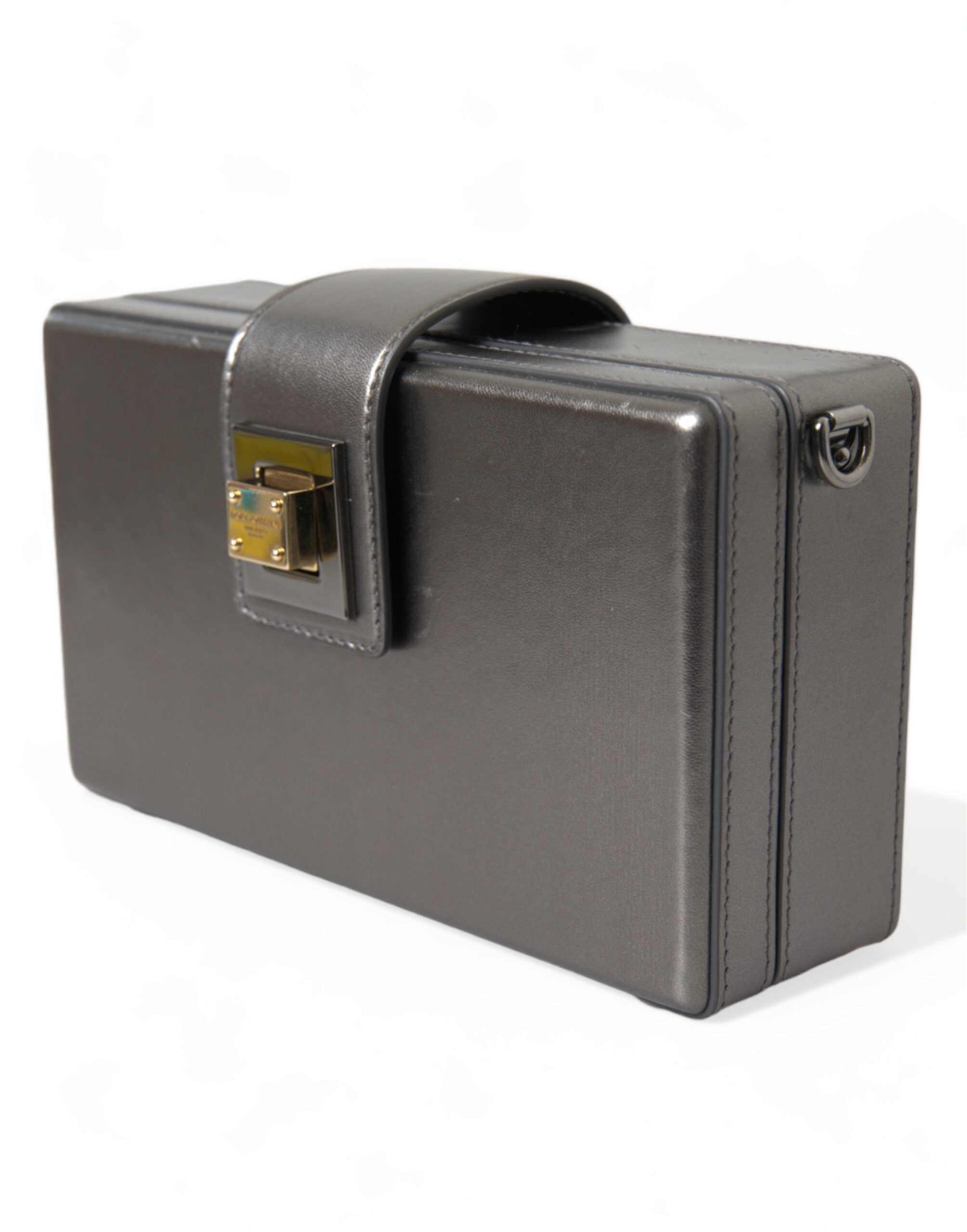 Dolce & Gabbana Steel Gray Leder Box Shape Schulter Gold DG Logo Plaque Tasche