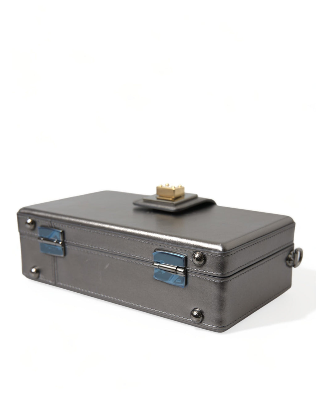 Dolce & Gabbana Steel Gray Leder Box Shape Schulter Gold DG Logo Plaque Tasche