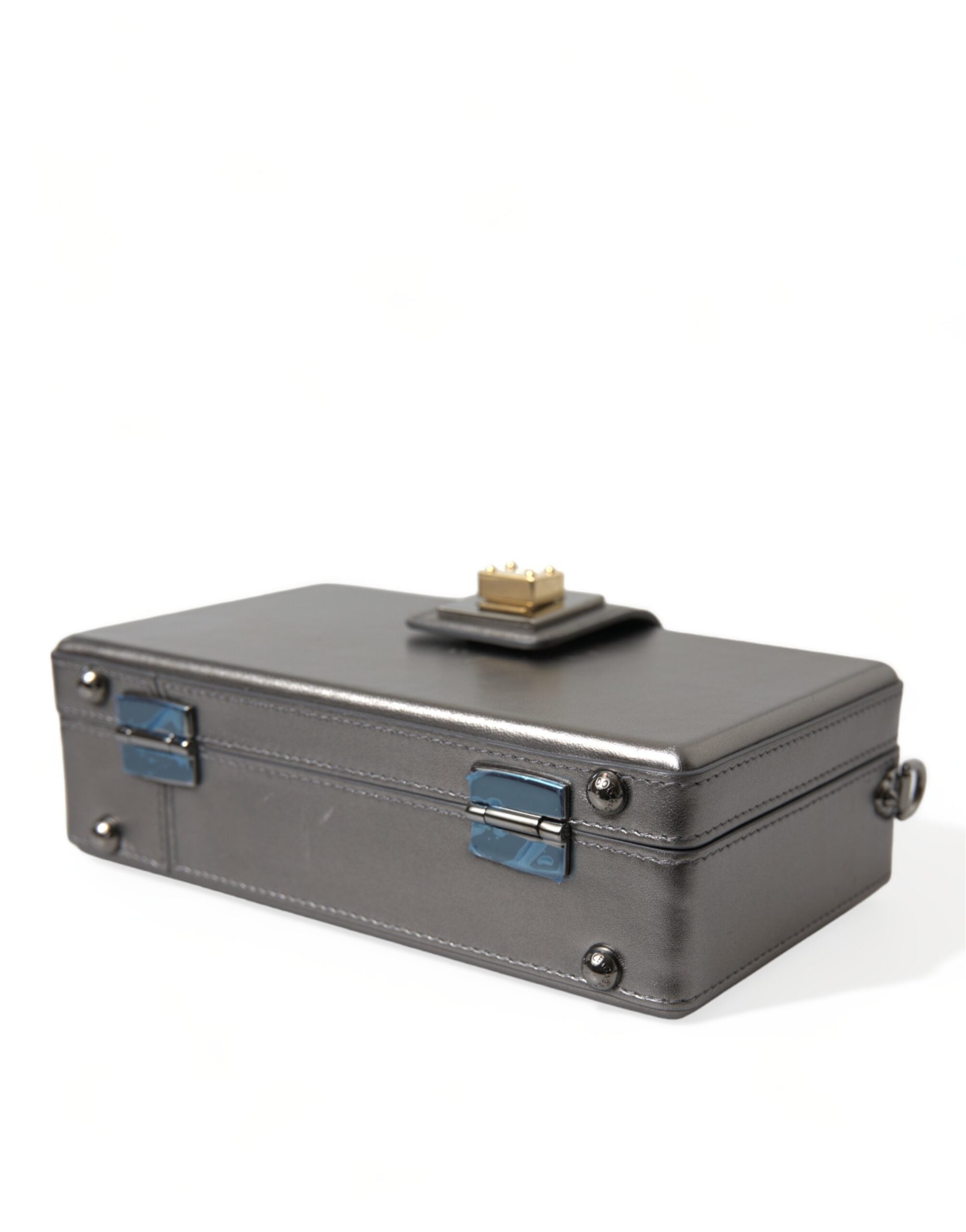 Dolce & Gabbana Steel Gray Leder Box Shape Schulter Gold DG Logo Plaque Tasche