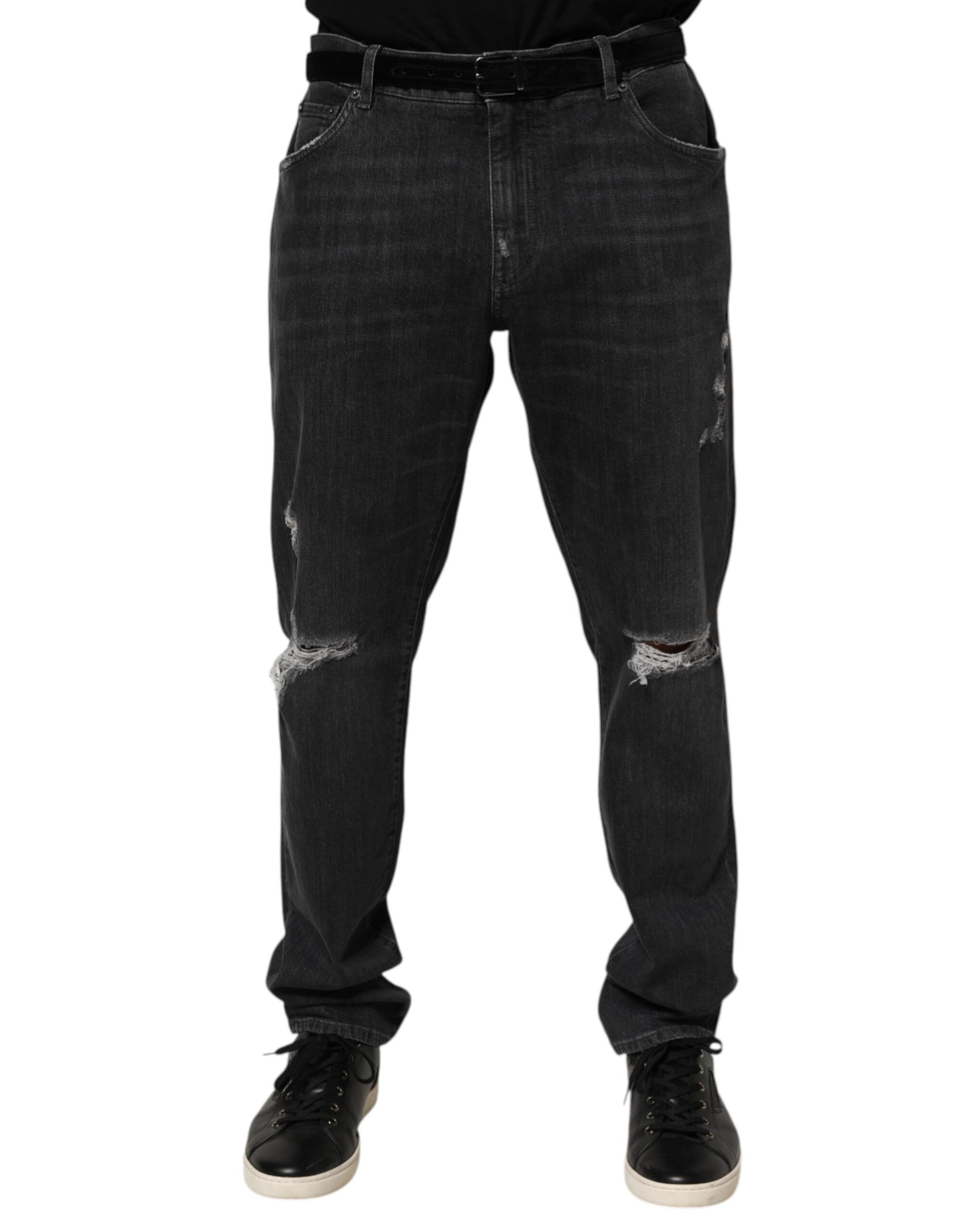 Dolce & Gabbana Schwarze Slim Fit-Jeans aus Baumwolle mit zerrissenem Logo