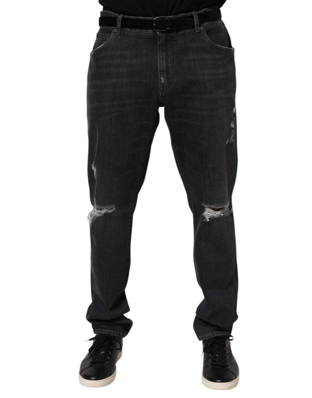 Dolce & Gabbana Schwarze Slim Fit-Jeans aus Baumwolle mit zerrissenem Logo