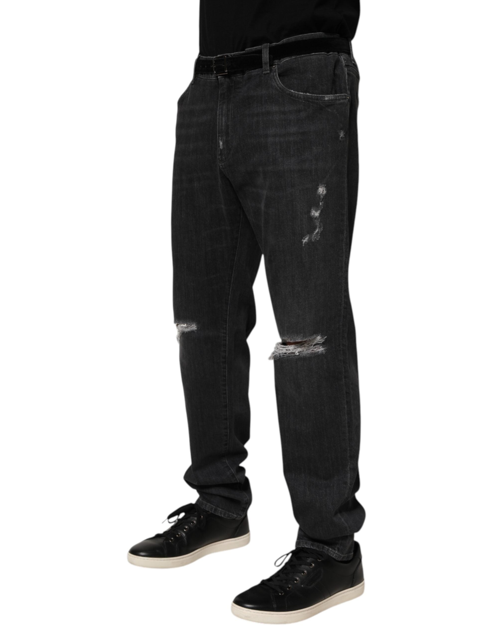 Dolce & Gabbana Schwarze Slim Fit-Jeans aus Baumwolle mit zerrissenem Logo