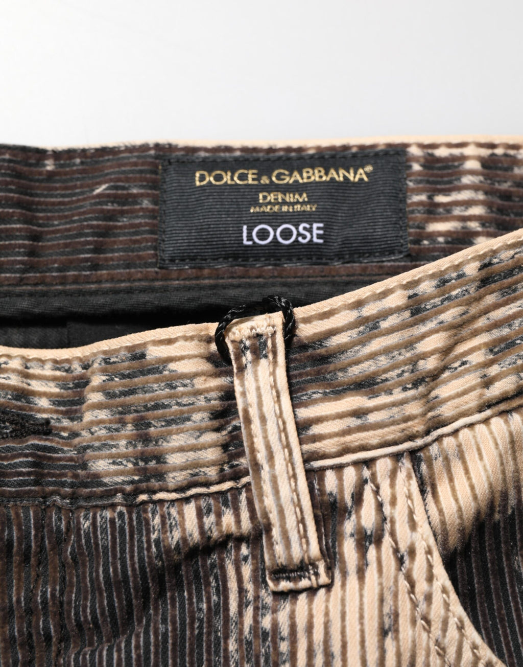 Dolce & Gabbana Beige Schwarze Cord-Hose mit Krawattenmuster aus Baumwollmischung