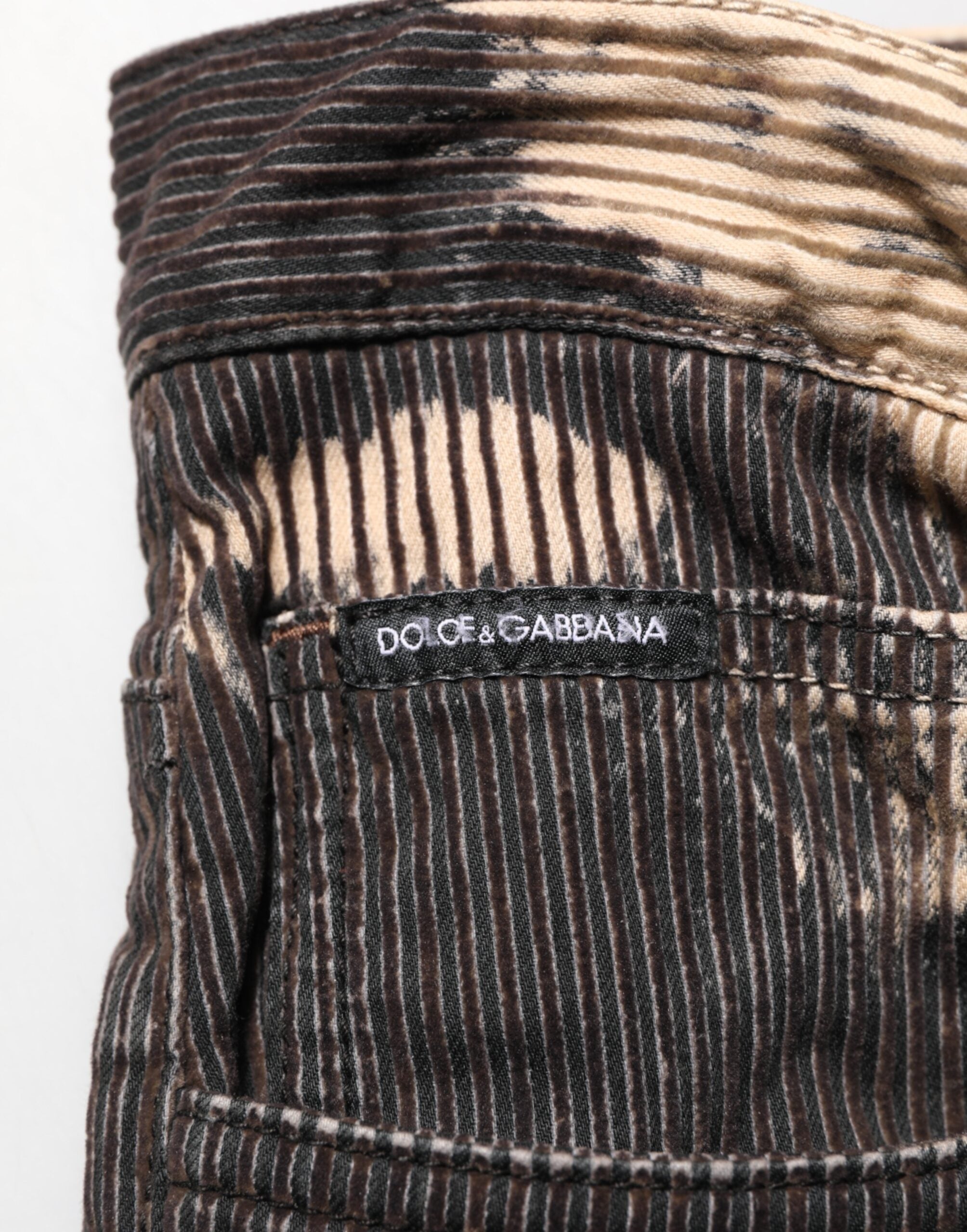 Dolce & Gabbana Beige Schwarze Cord-Hose mit Krawattenmuster aus Baumwollmischung