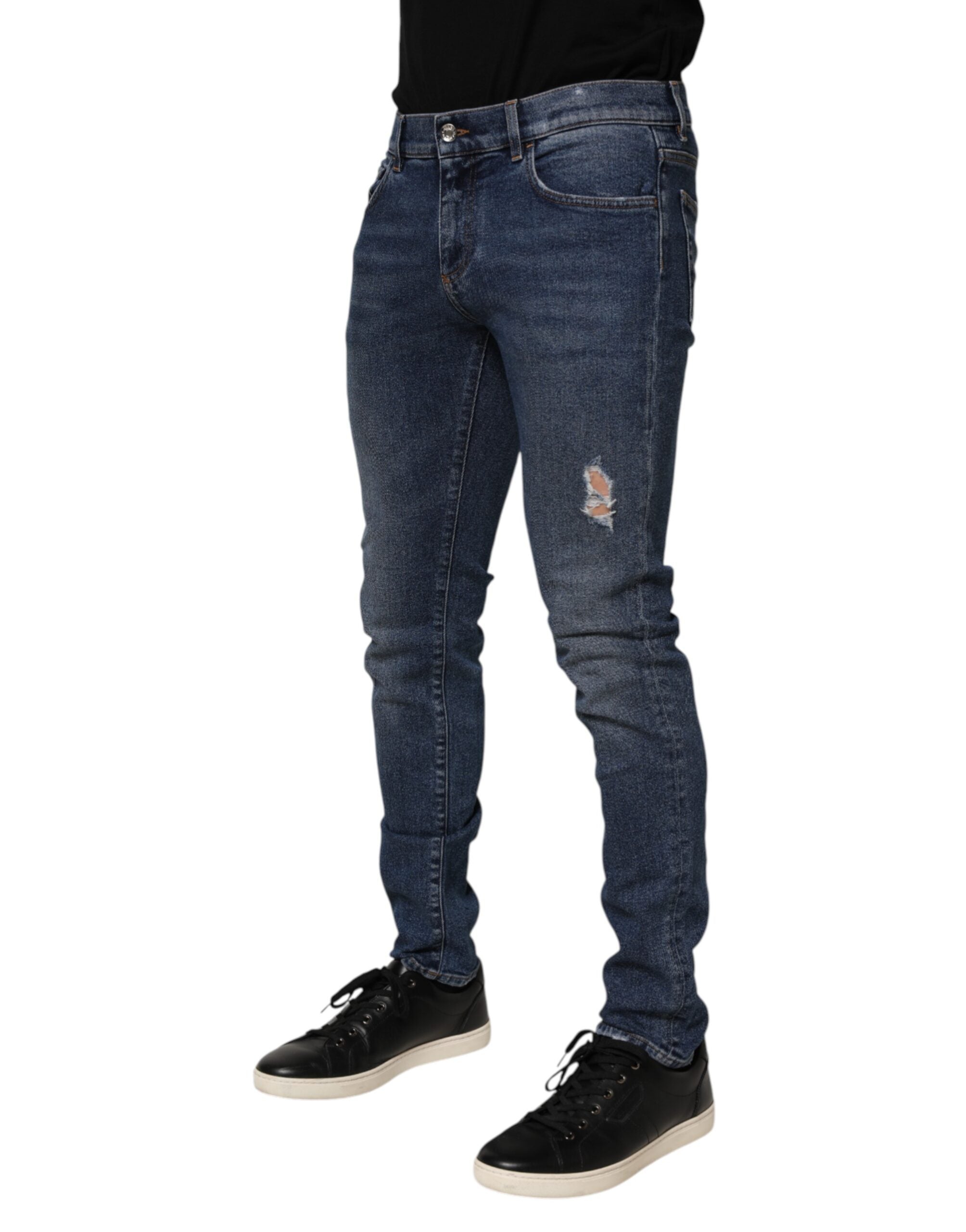 Dolce & Gabbana Blaue Baumwolle Logo Plaque Skinny Männer Denim Jeans