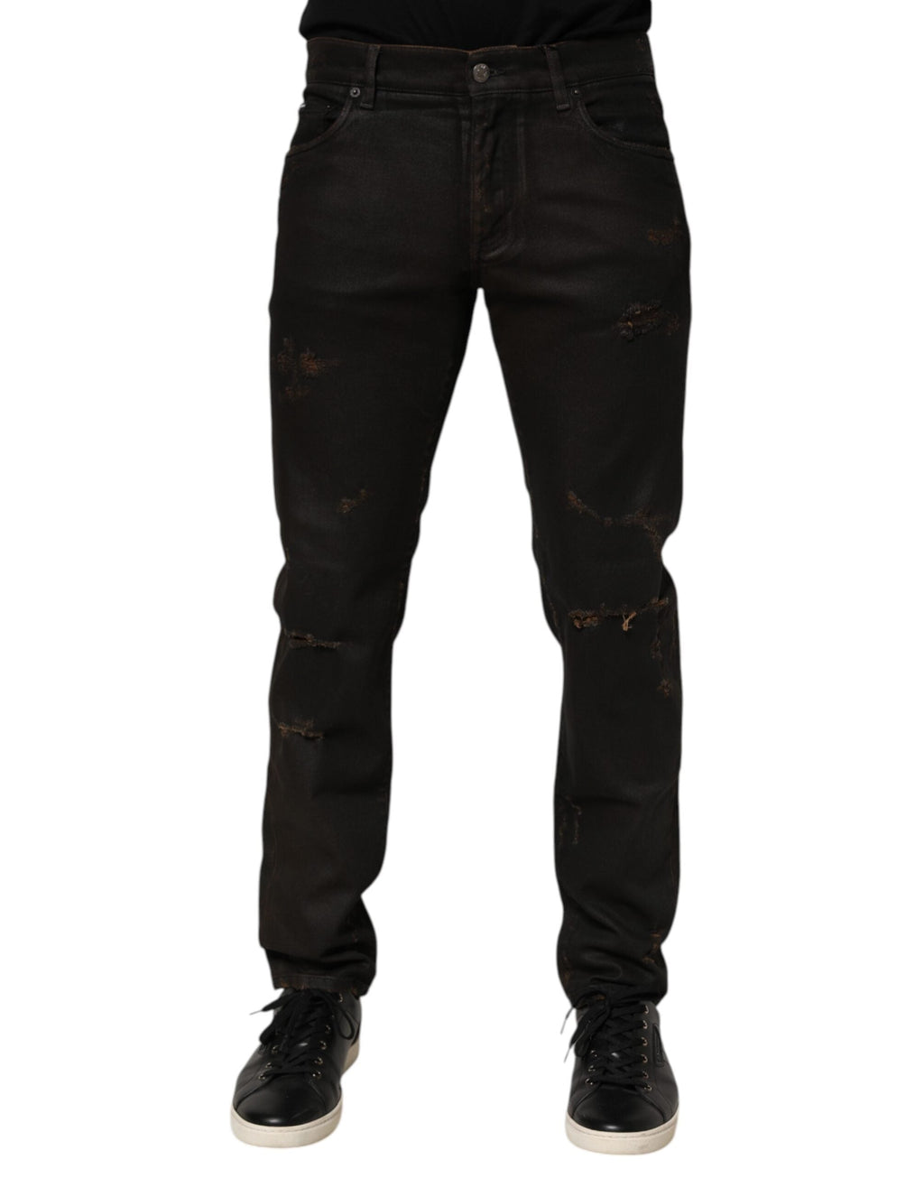 Dolce & Gabbana Dunkelbraune zerfledderte Baumwoll-Skinny-Denim-Jeans