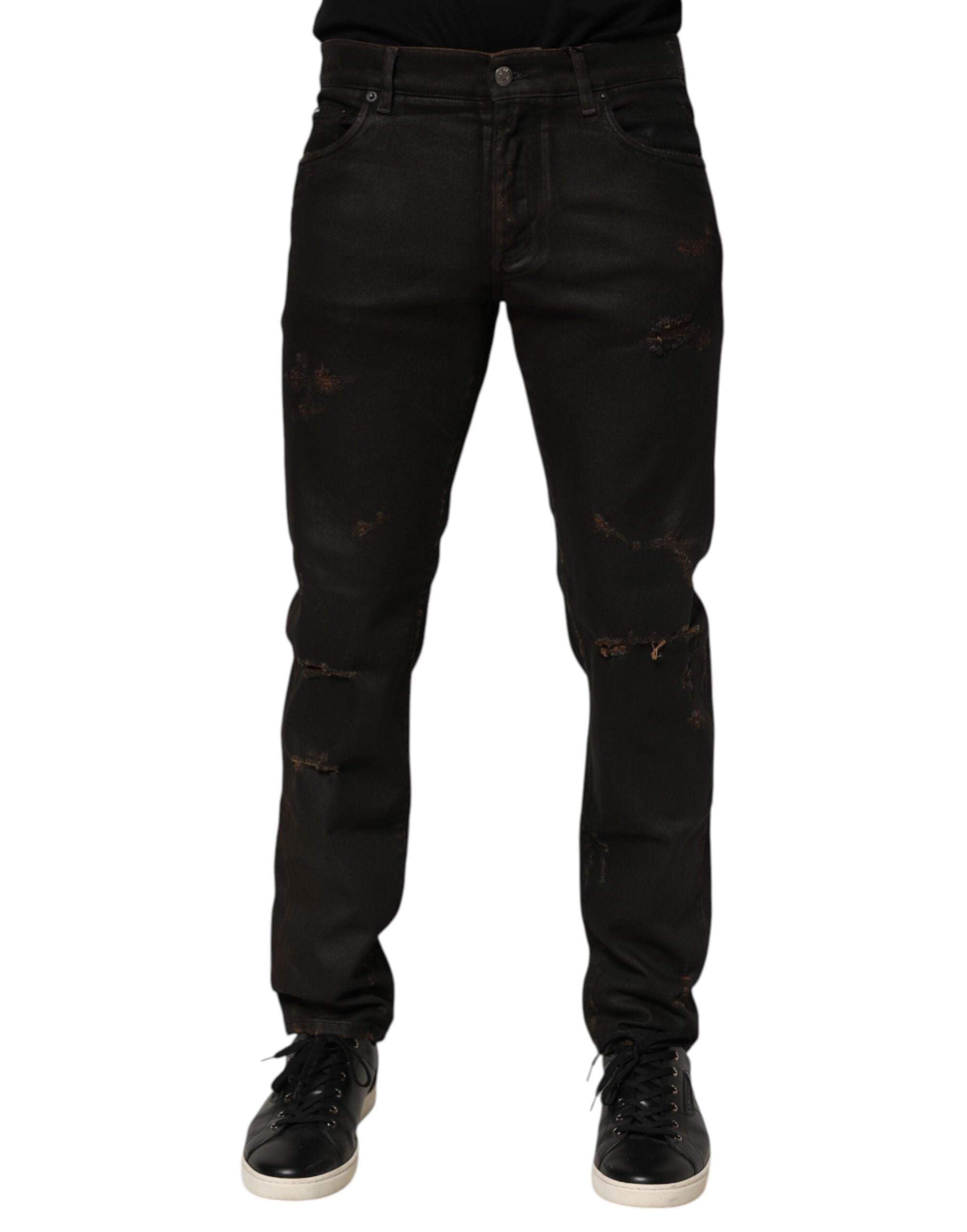Dolce & Gabbana Dunkelbraune zerfledderte Baumwoll-Skinny-Denim-Jeans