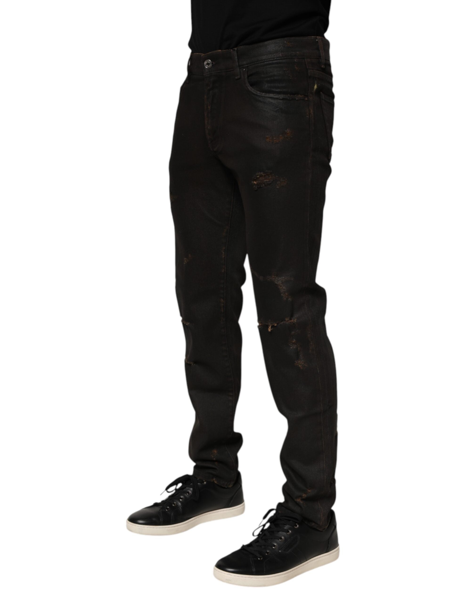 Dolce & Gabbana Dunkelbraune zerfledderte Baumwoll-Skinny-Denim-Jeans