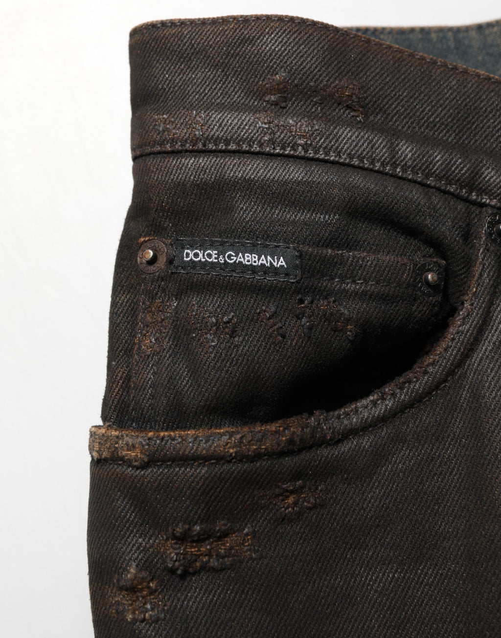 Dolce & Gabbana Dunkelbraune zerfledderte Baumwoll-Skinny-Denim-Jeans