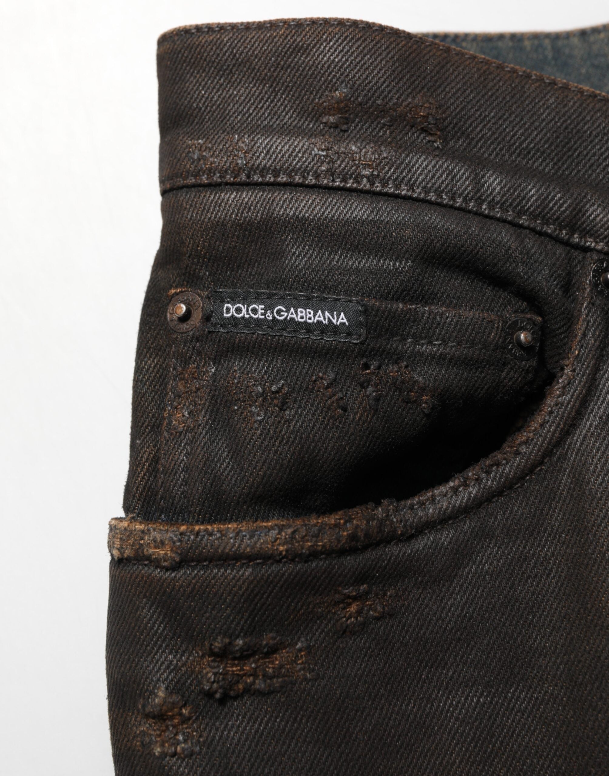 Dolce & Gabbana Dunkelbraune zerfledderte Baumwoll-Skinny-Denim-Jeans
