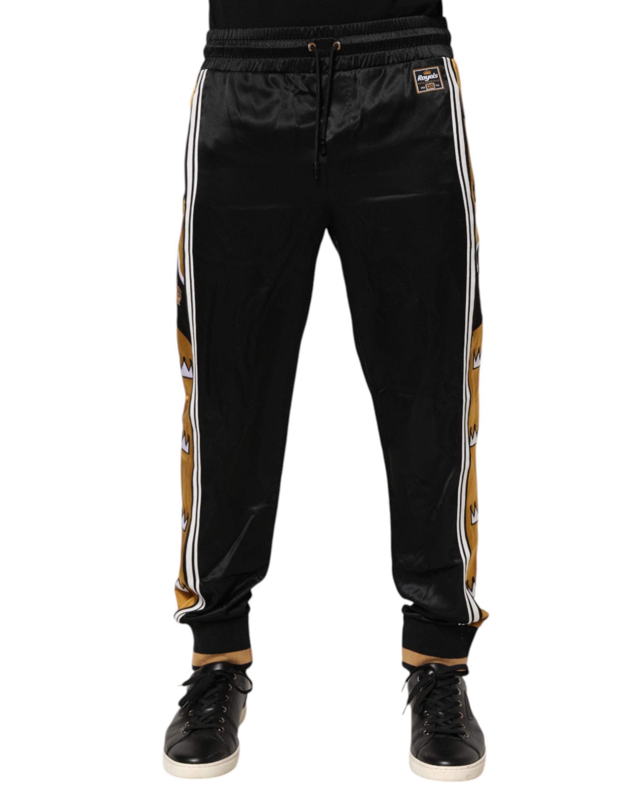 Dolce & Gabbana Schwarz-Gold-Satin-Krone Seitenstreifen-Jogger-Hose