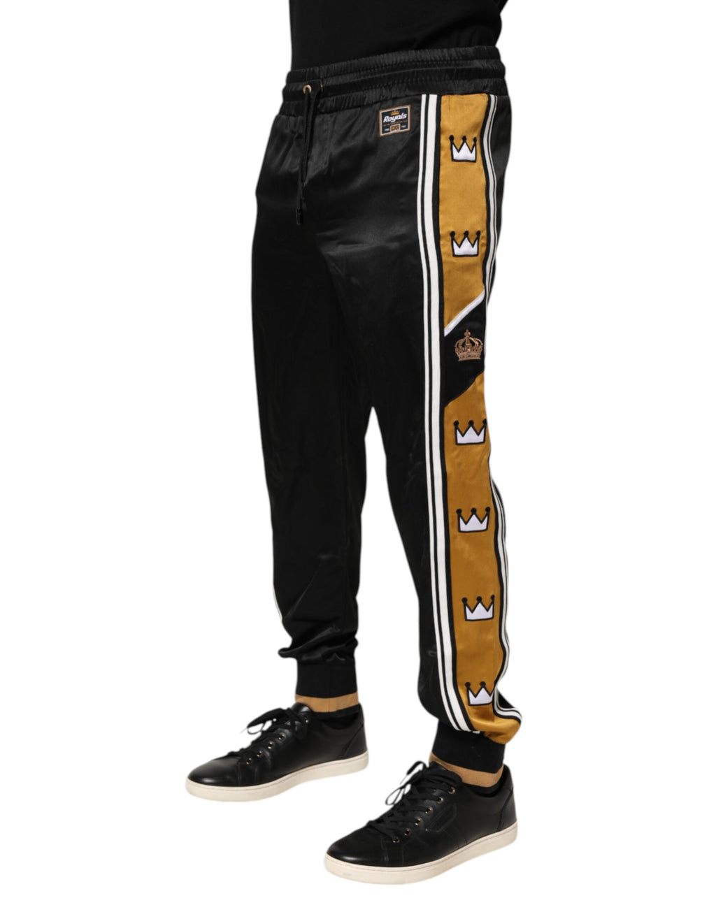 Dolce & Gabbana Schwarz-Gold-Satin-Krone Seitenstreifen-Jogger-Hose
