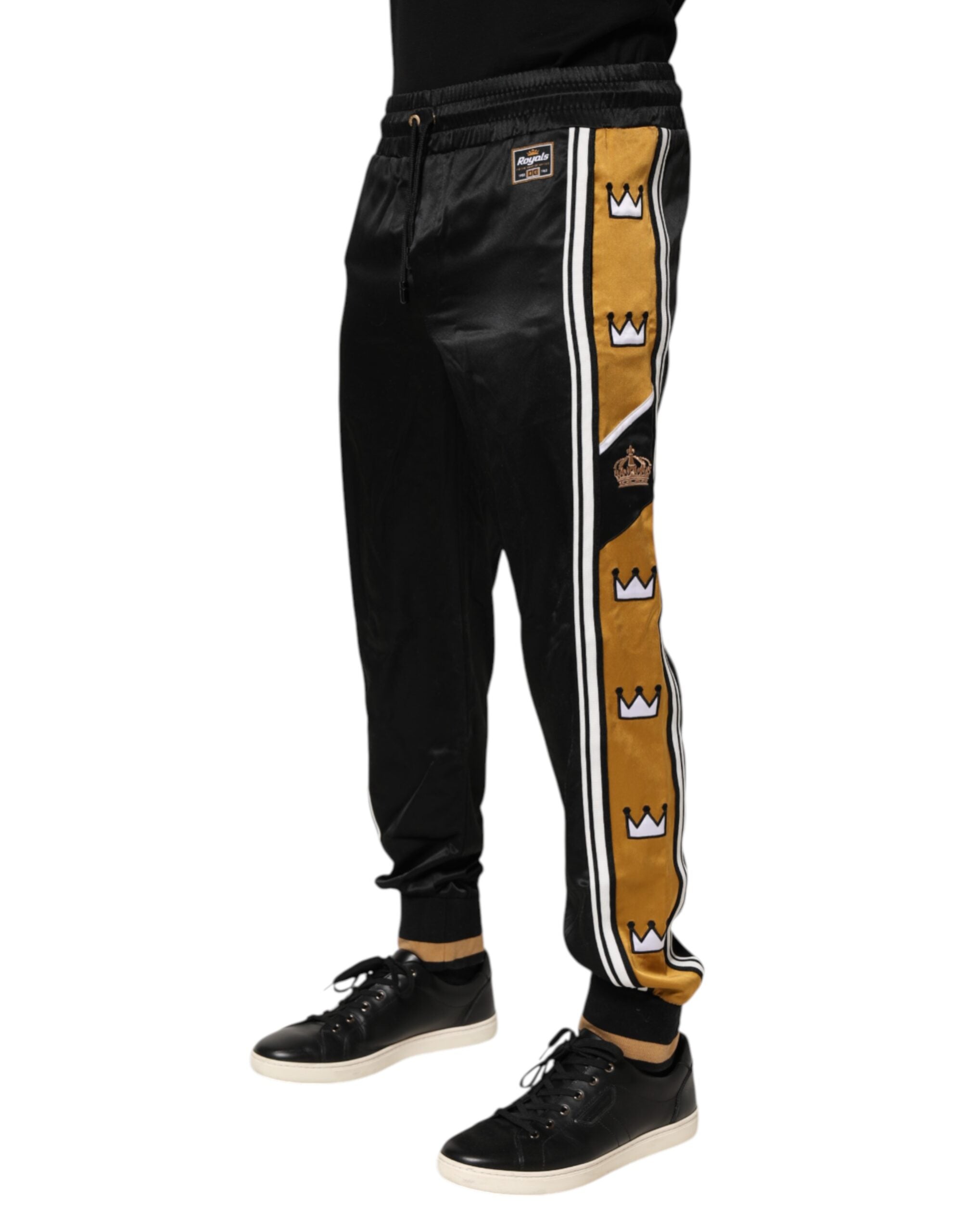 Dolce & Gabbana Schwarz-Gold-Satin-Krone Seitenstreifen-Jogger-Hose