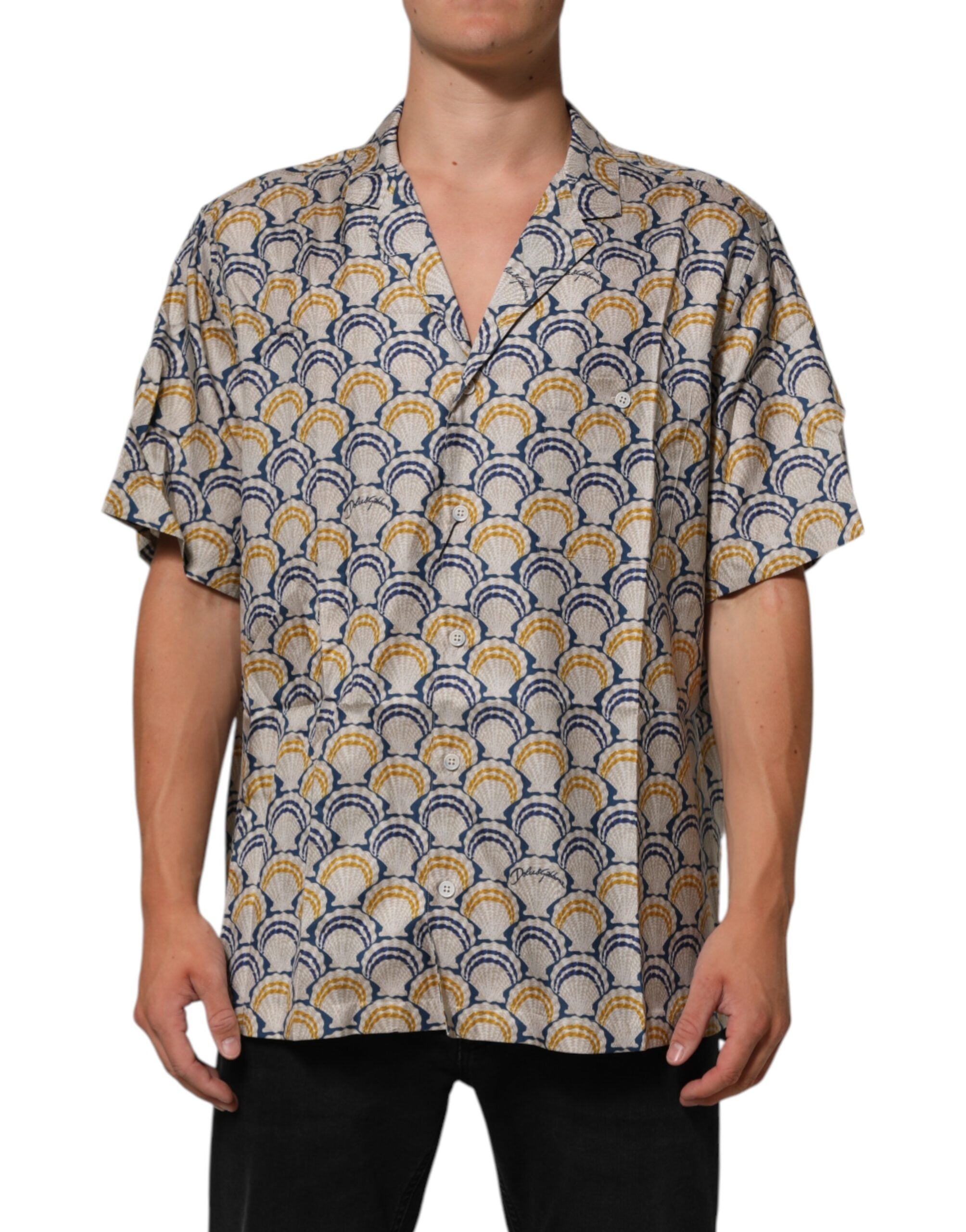 Dolce & Gabbana Cremefarbenes Hemd aus Baumwolle und Seide mit Muschelmuster auf Hawaii
