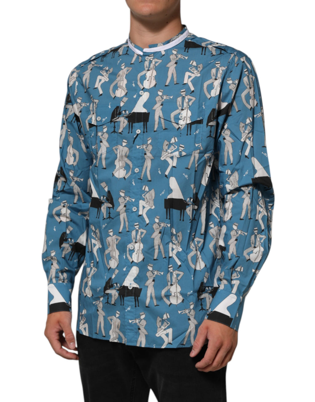 Dolce & Gabbana Blaues Jazz-Hemd aus bedruckter Baumwolle mit Knopfleiste