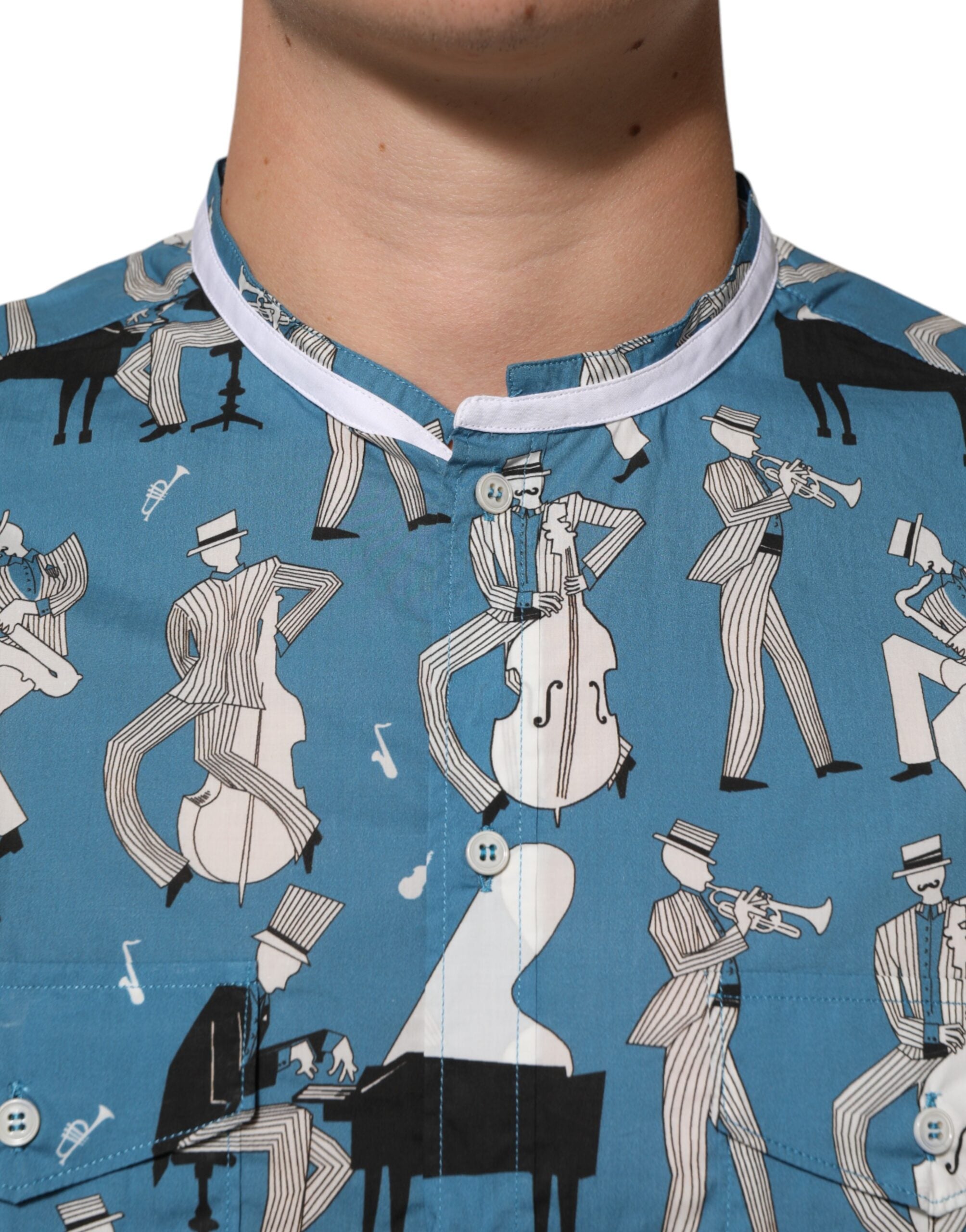 Dolce & Gabbana Blaues Jazz-Hemd aus bedruckter Baumwolle mit Knopfleiste