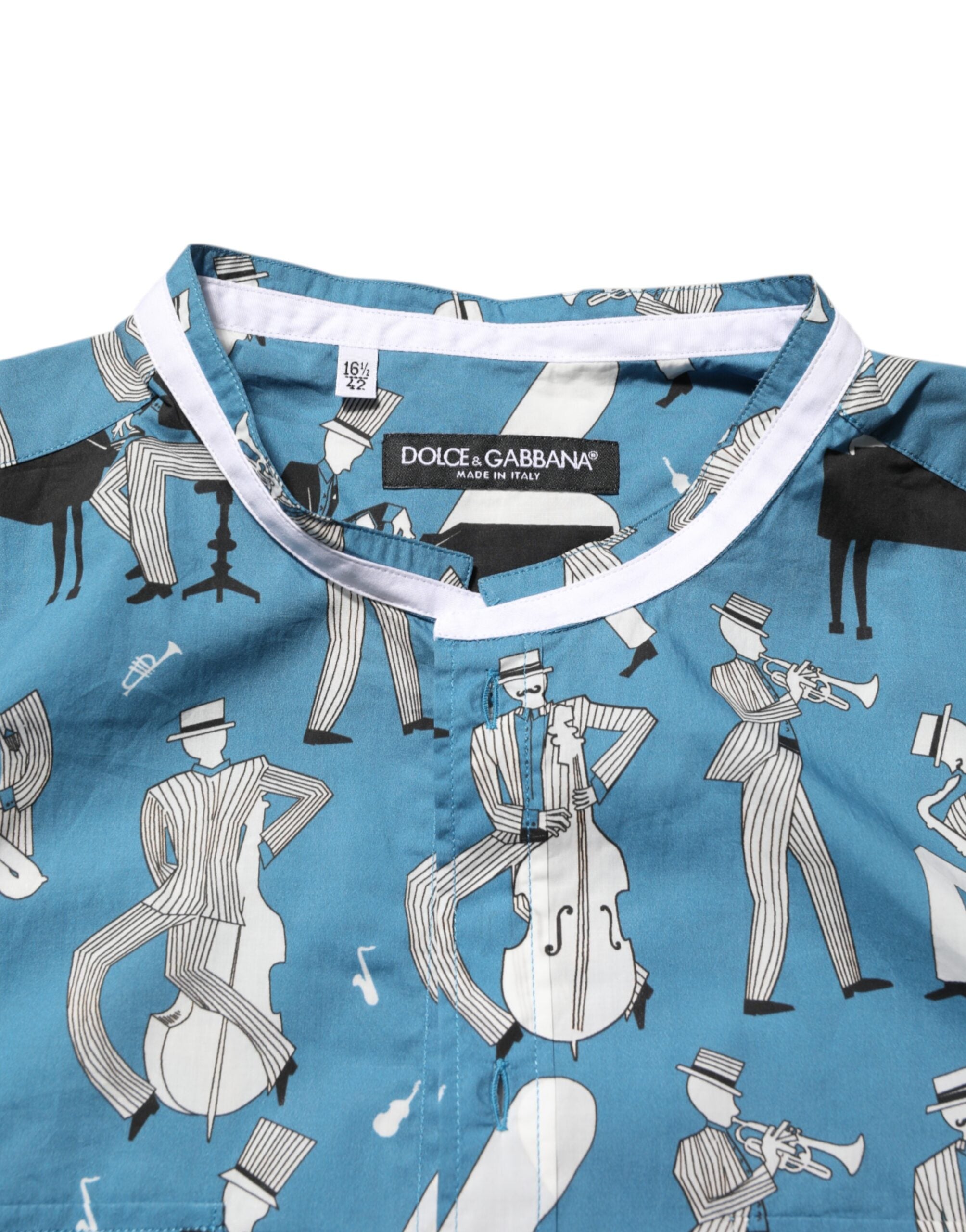 Dolce & Gabbana Blaues Jazz-Hemd aus bedruckter Baumwolle mit Knopfleiste