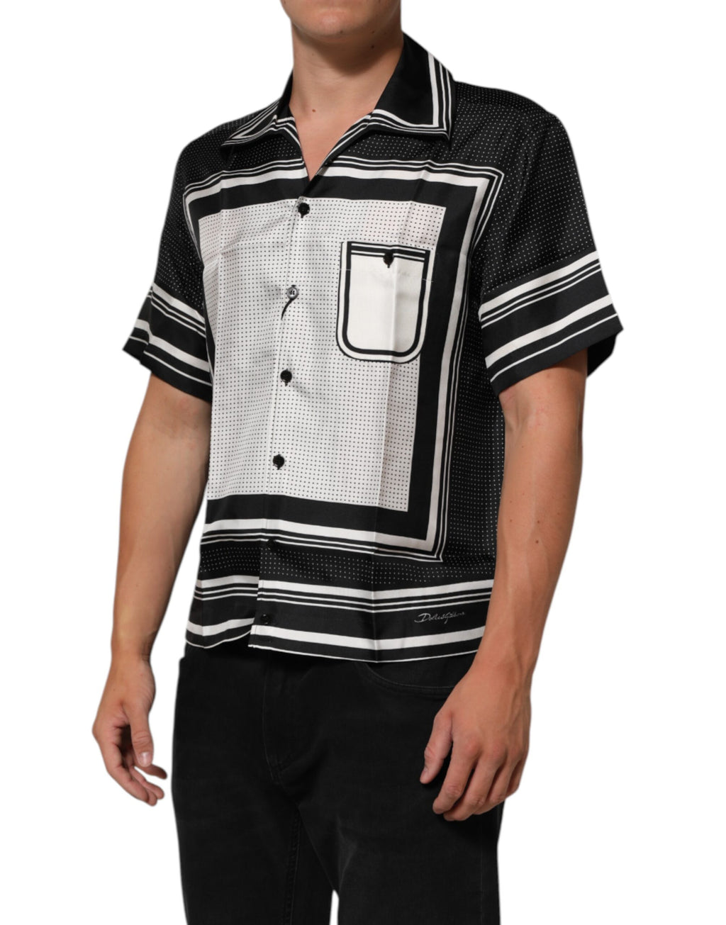 Dolce & Gabbana Schwarzes weißes StreifenPunkt Print Casual Polo Shirt