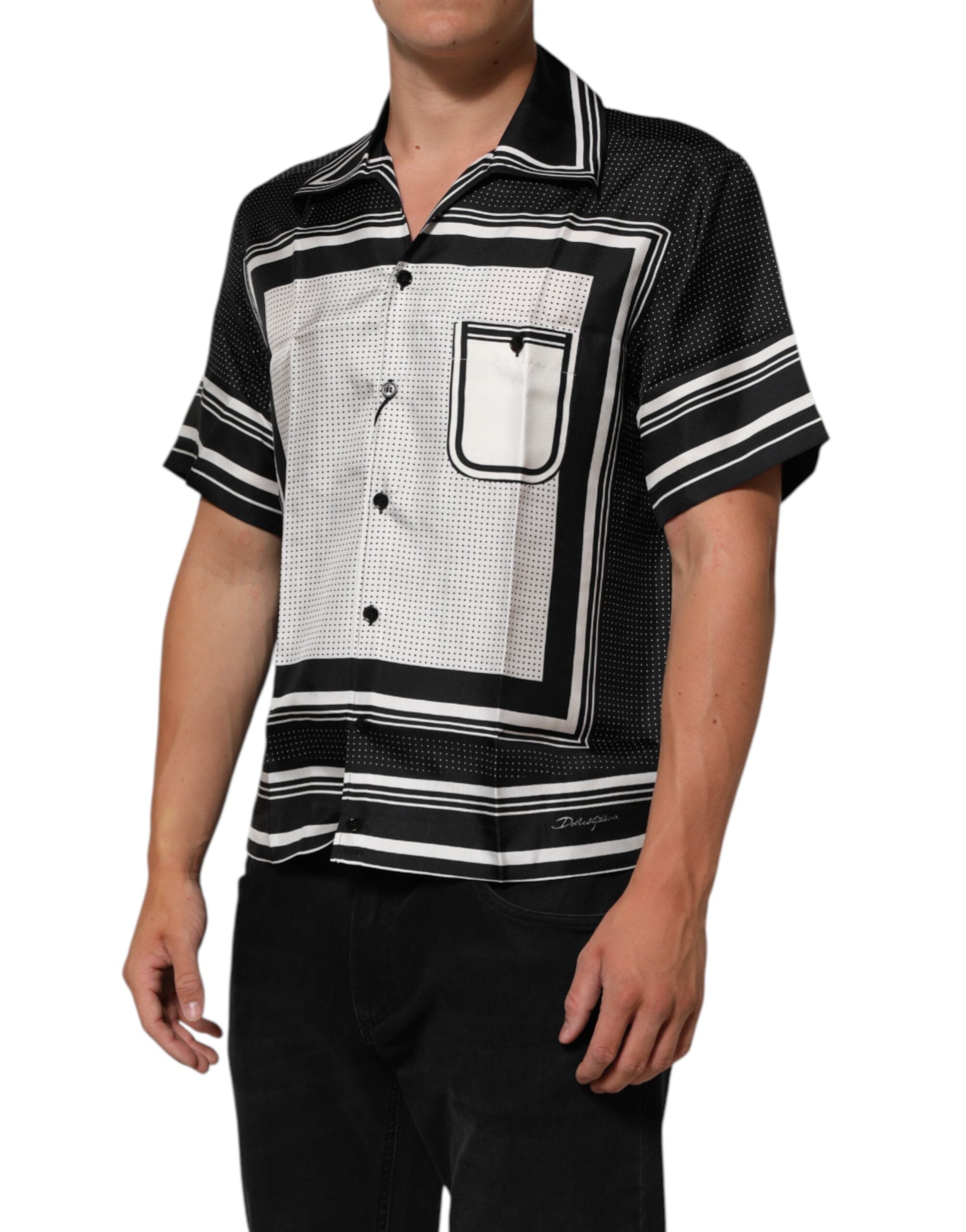 Dolce & Gabbana Schwarzes weißes StreifenPunkt Print Casual Polo Shirt