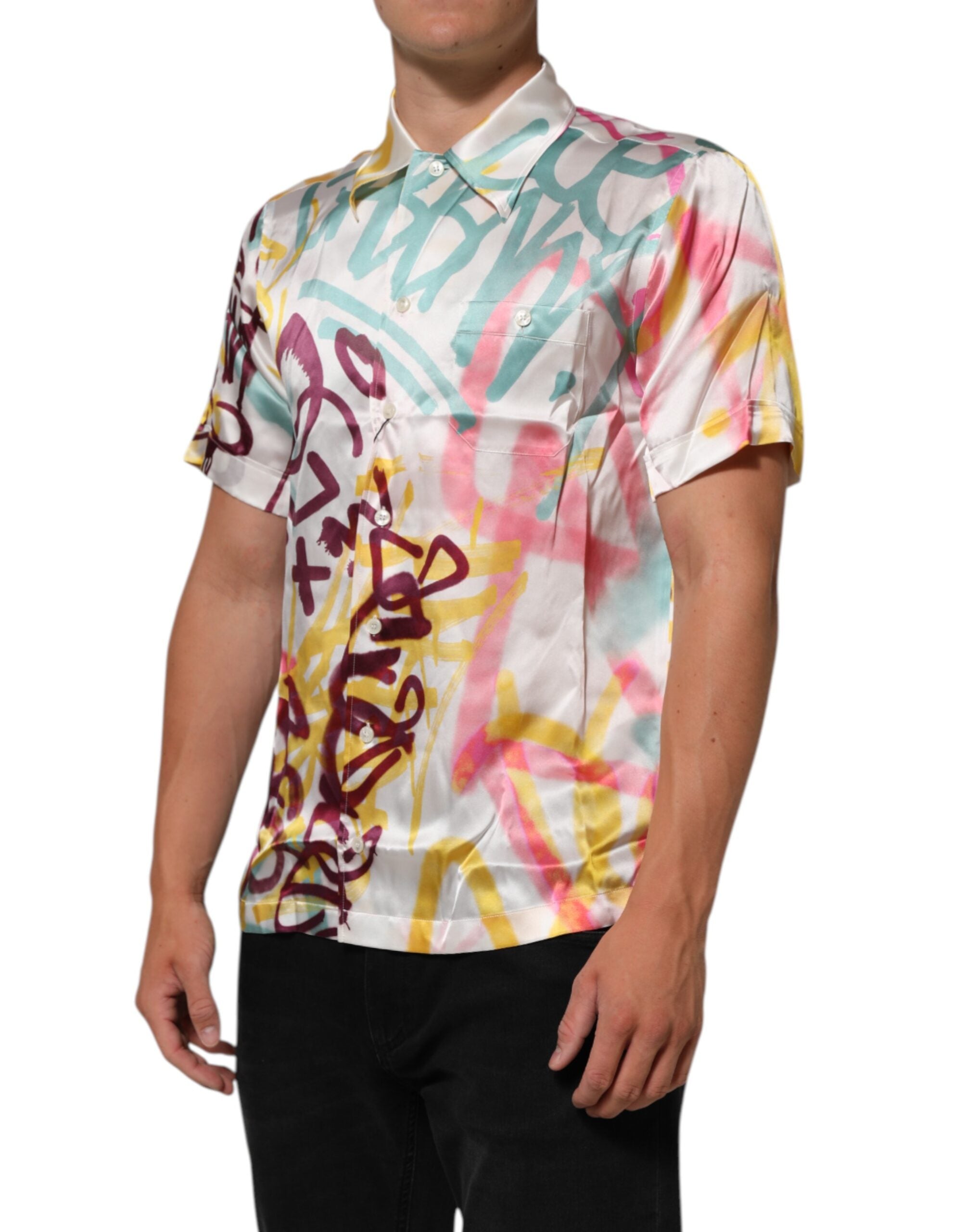Dolce & Gabbana Weißes Seiden-Hawaii-Graffiti-Shirt für Männer Freizeithemd