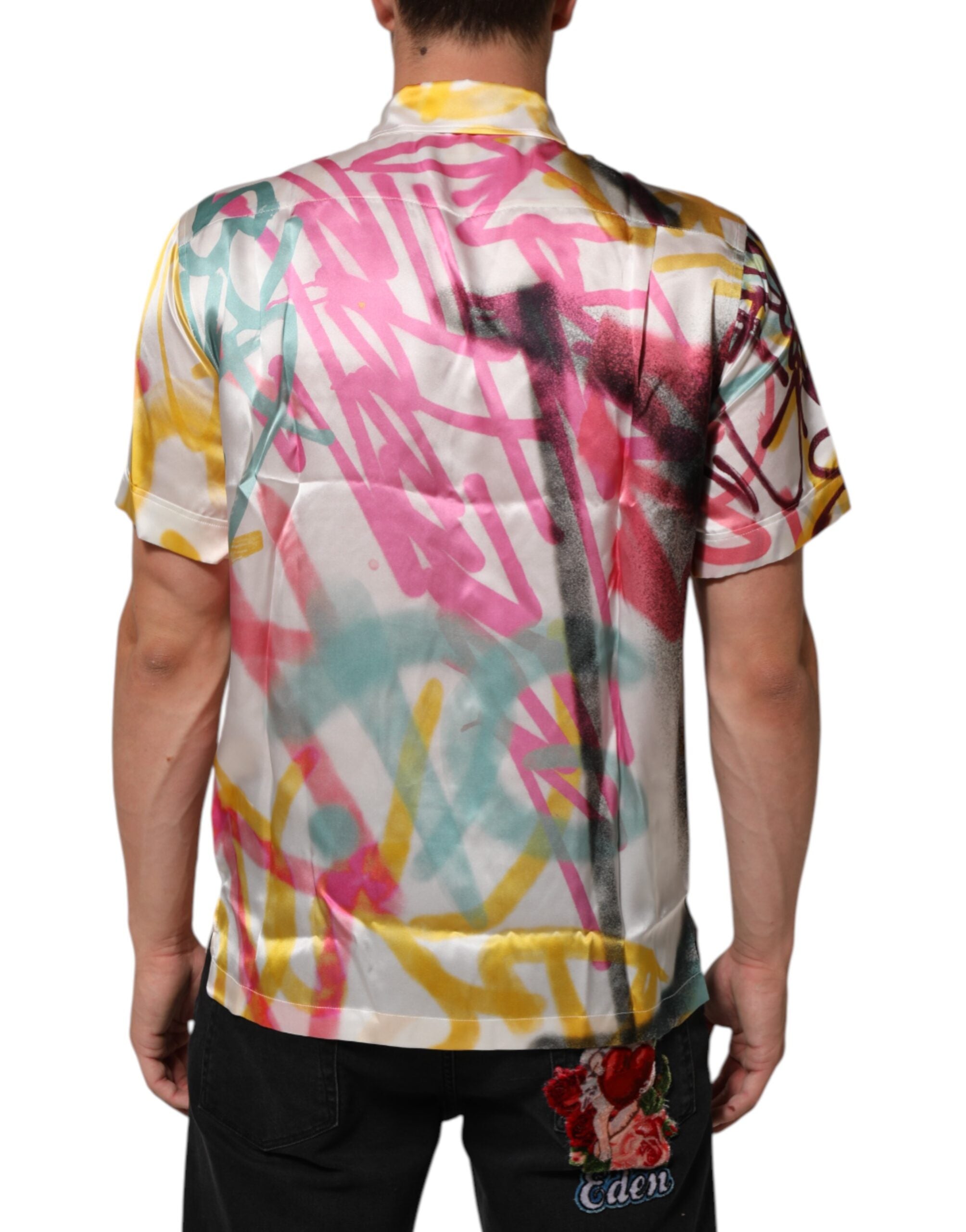 Dolce & Gabbana Weißes Seiden-Hawaii-Graffiti-Shirt für Männer Freizeithemd