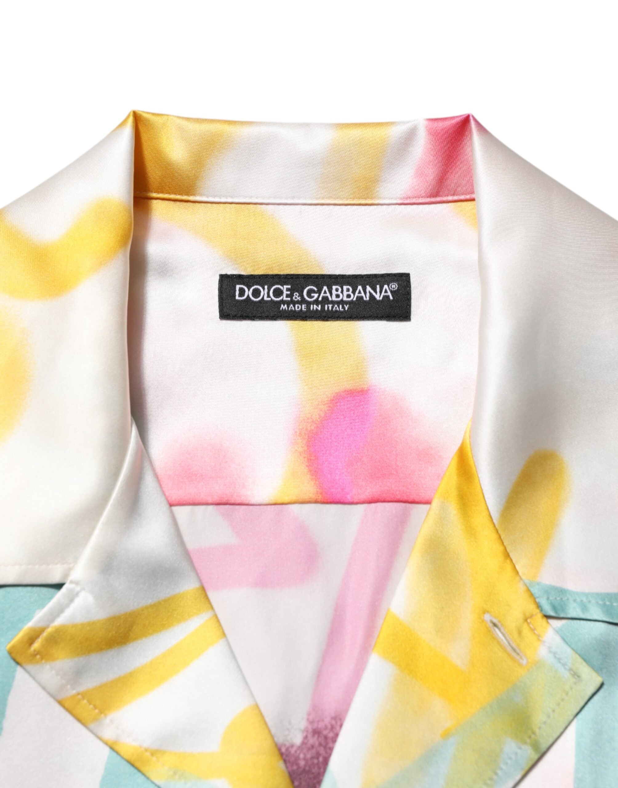 Dolce & Gabbana Weißes Seiden-Hawaii-Graffiti-Shirt für Männer Freizeithemd