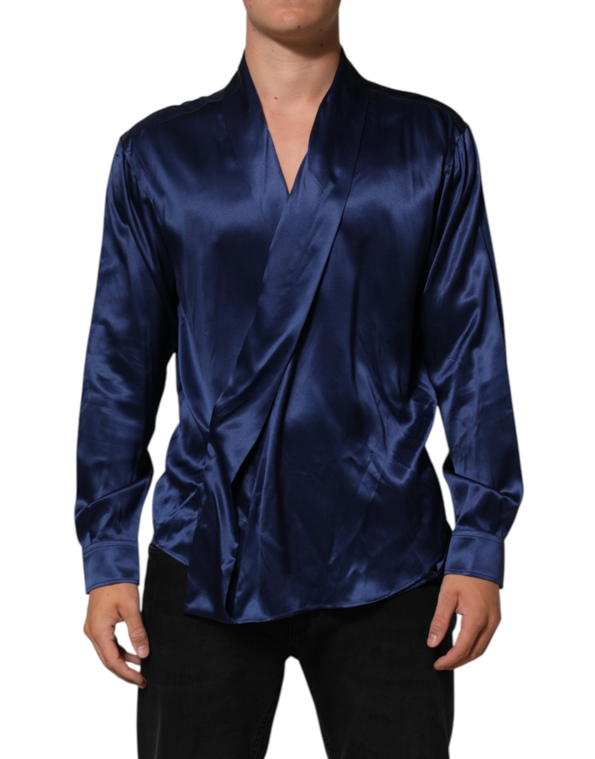 Dolce & Gabbana Blaues Oversize-Hemd aus Seidensatin mit langen Ärmeln