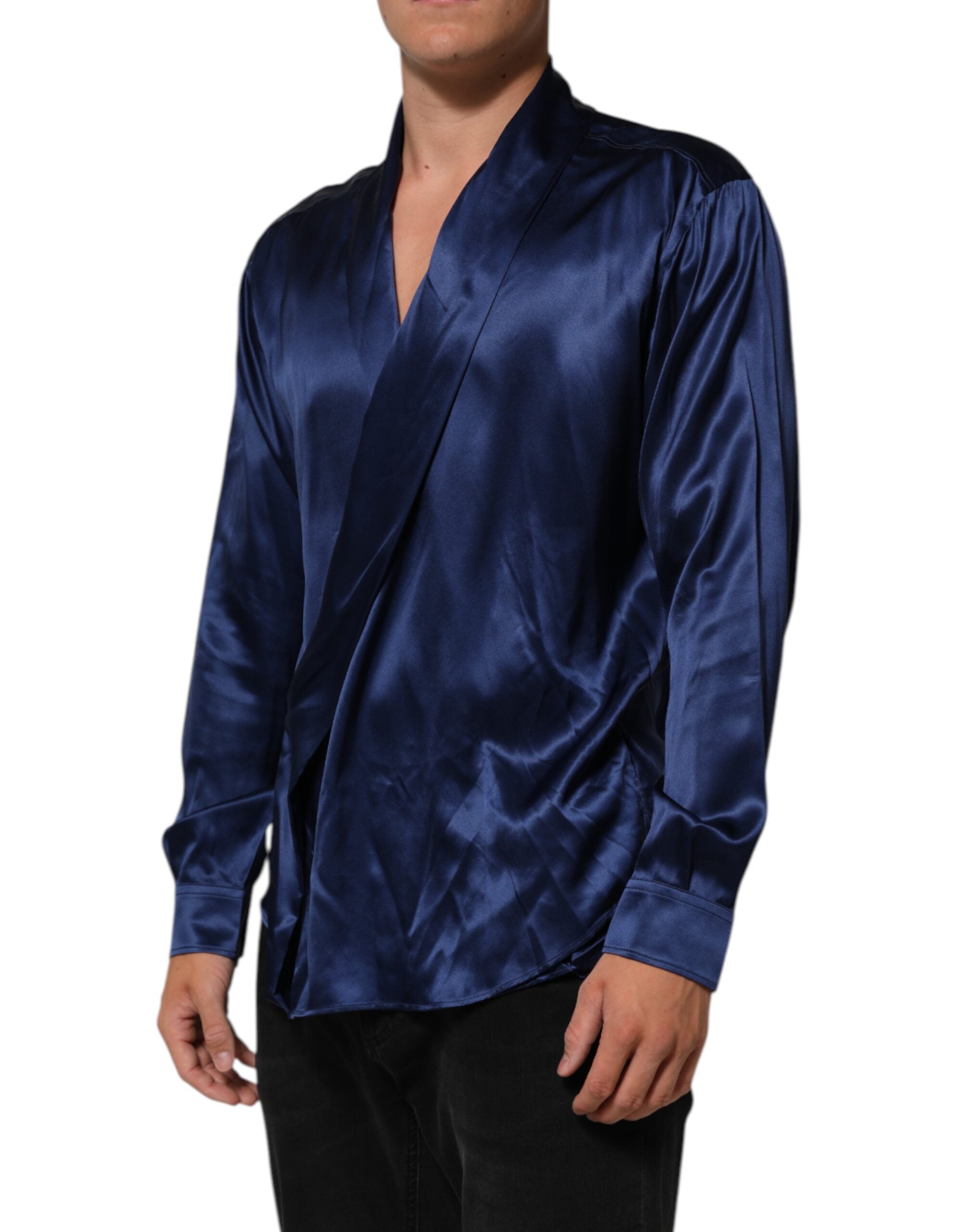 Dolce & Gabbana Blaues Oversize-Hemd aus Seidensatin mit langen Ärmeln