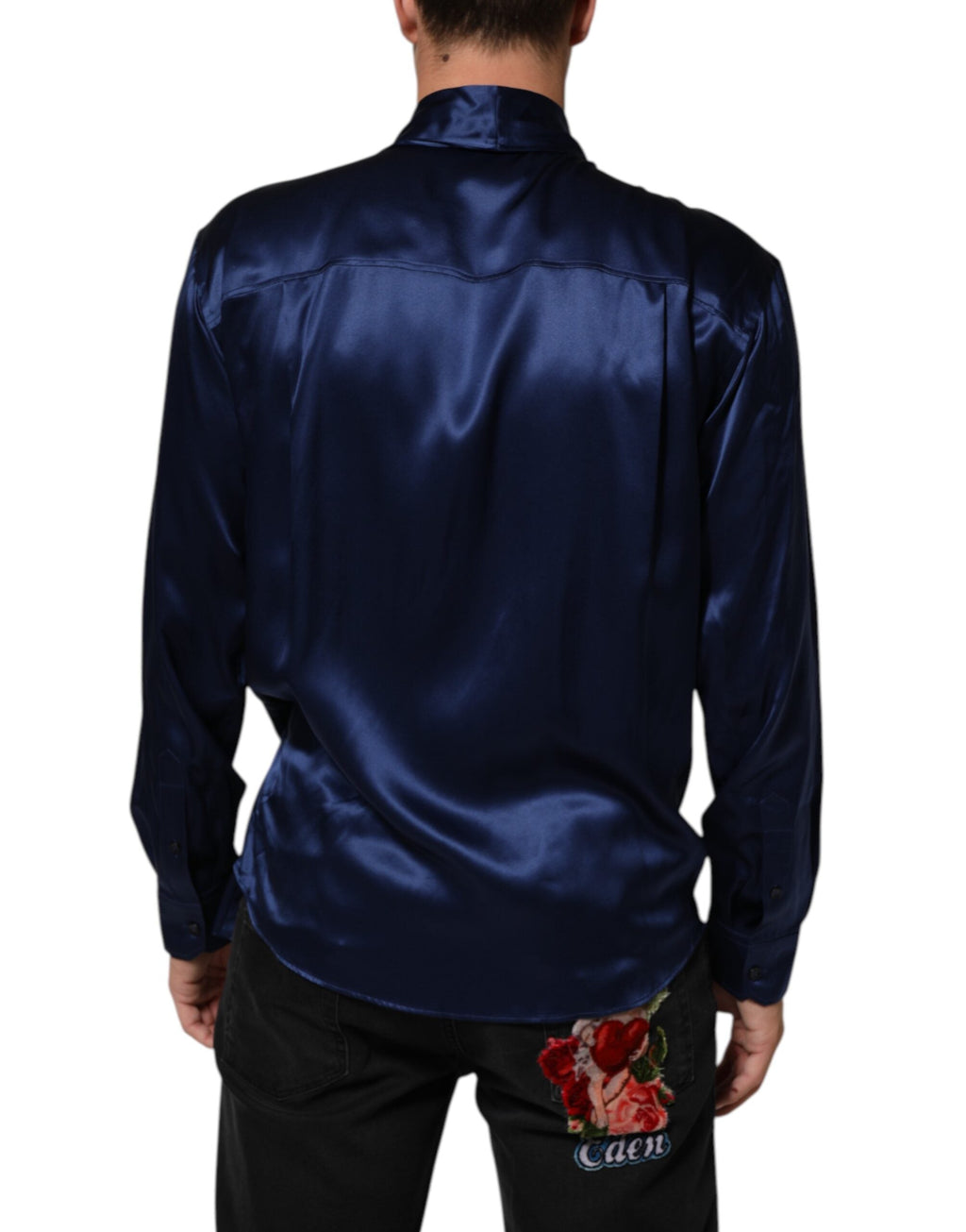 Dolce & Gabbana Blaues Oversize-Hemd aus Seidensatin mit langen Ärmeln