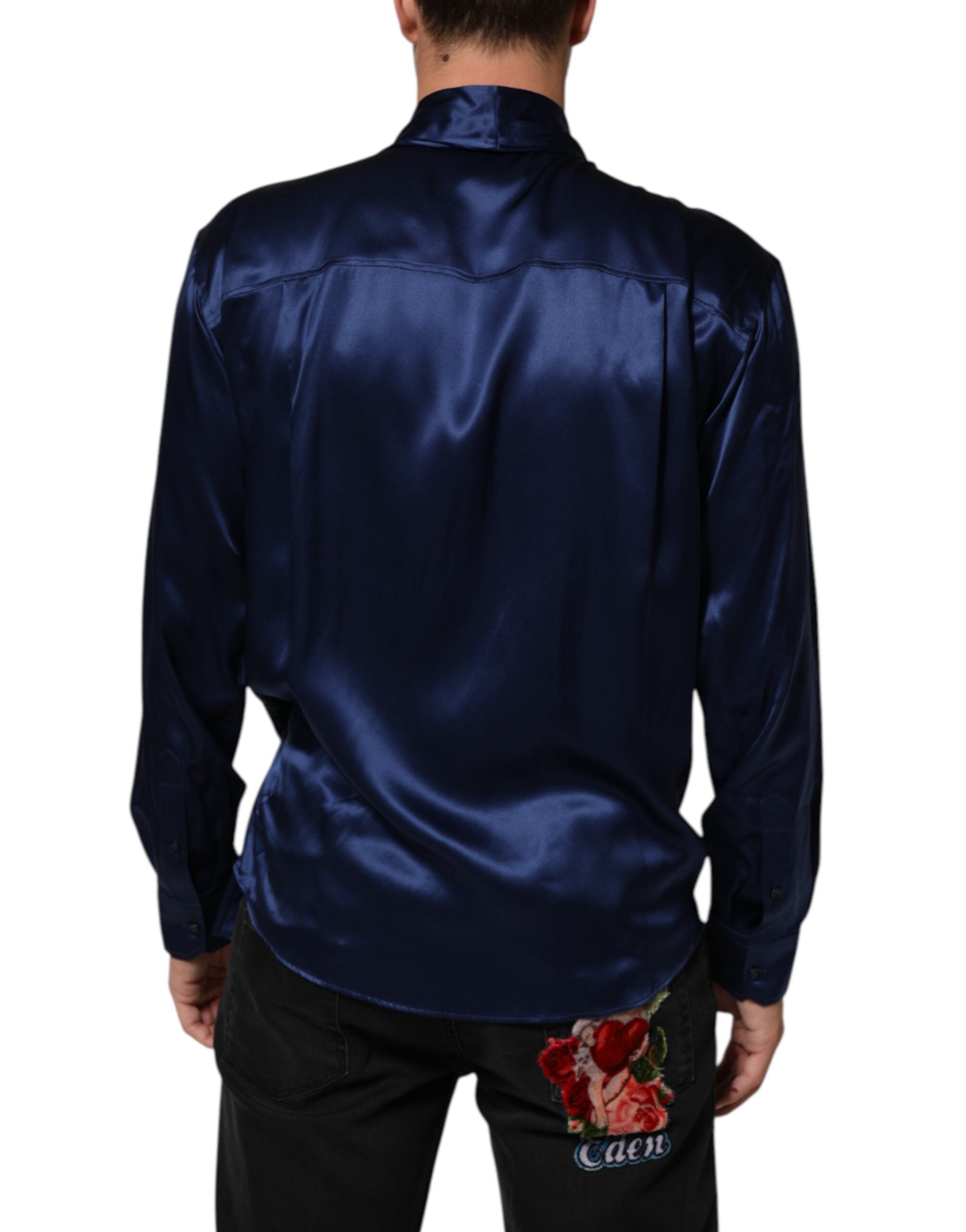 Dolce & Gabbana Blaues Oversize-Hemd aus Seidensatin mit langen Ärmeln