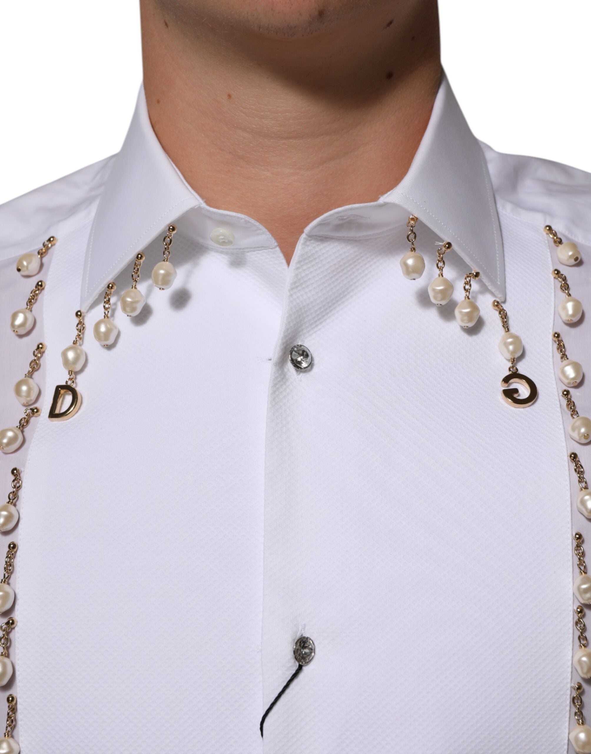 Dolce & Gabbana Weißes DG-Logo-Perlen-GOLD-Hemd aus Baumwolle für den formellen Anlass