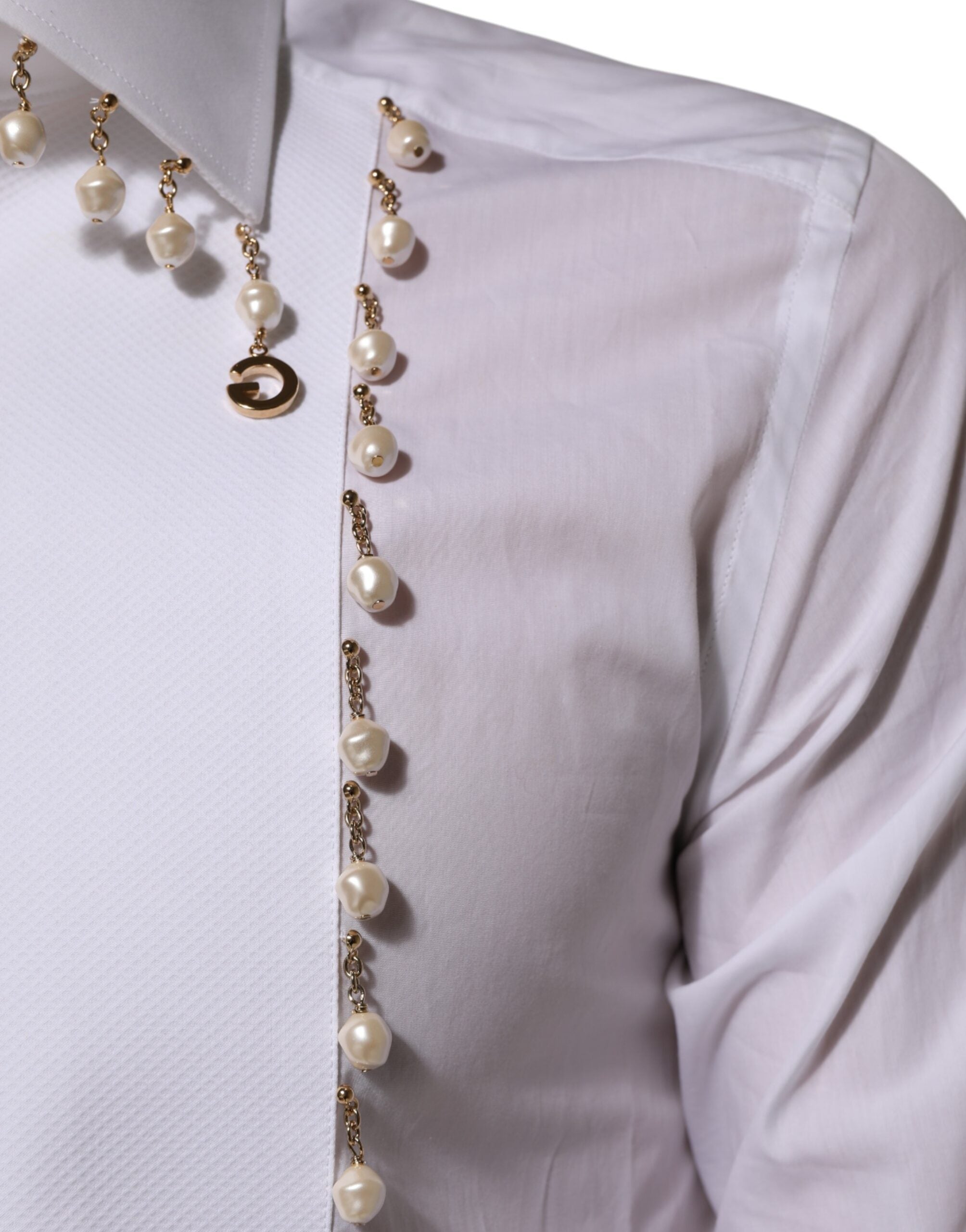 Dolce & Gabbana Weißes DG-Logo-Perlen-GOLD-Hemd aus Baumwolle für den formellen Anlass